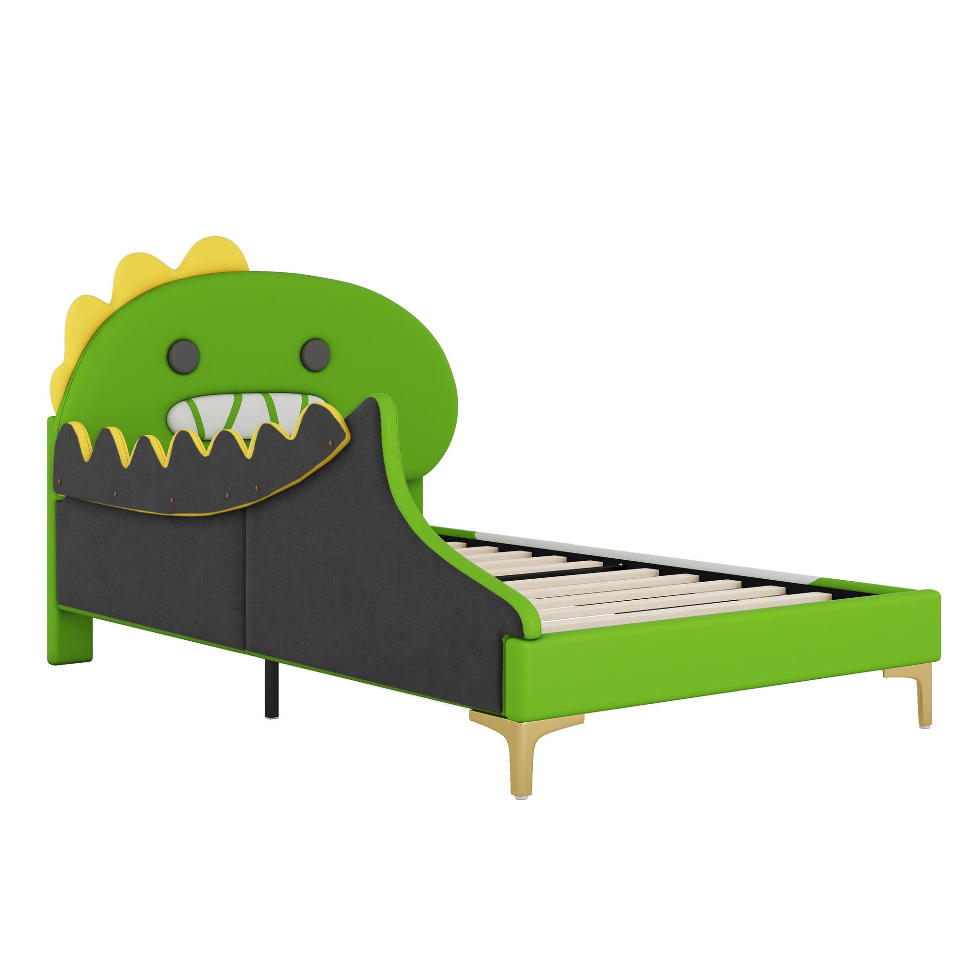 Children's Bed 90x200cm Cartoon Dinosaur Shape Flat Bed, Green PU Material