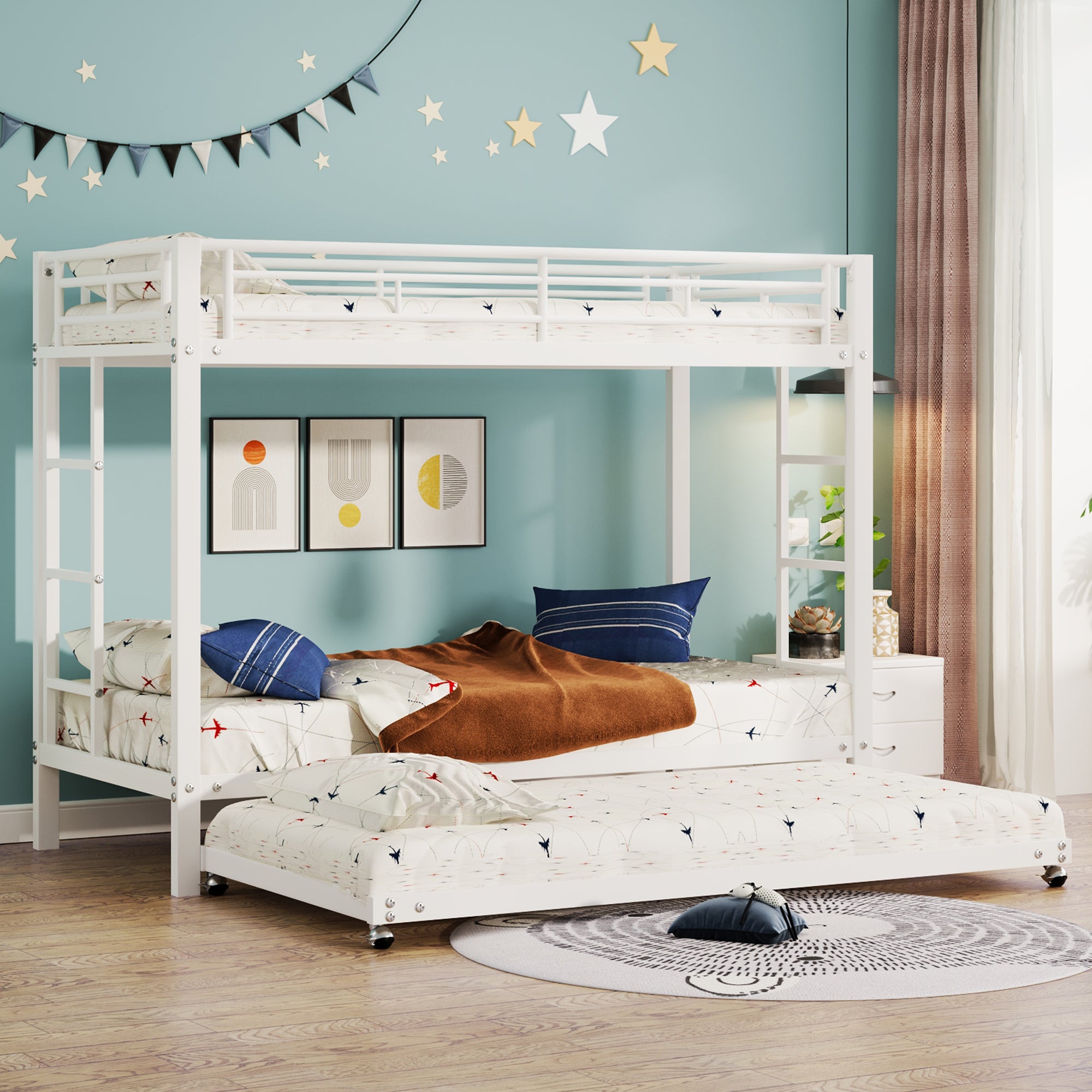 Bunk Bed, Pull-Out Bed, High Railings, EN747 Certified, Iron Frame, White