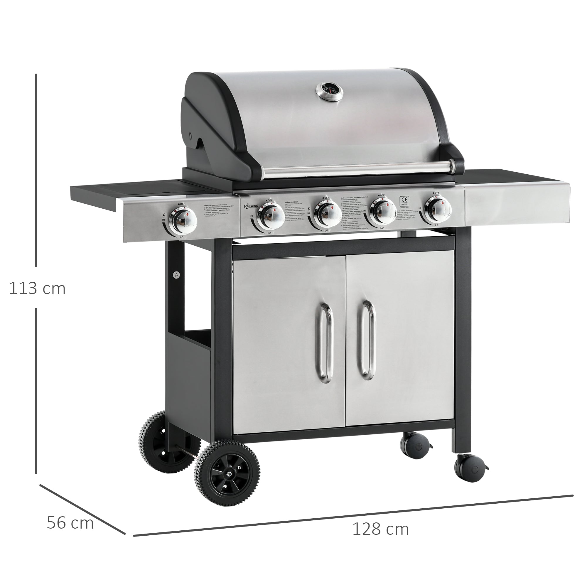 Gas Barbecue Grill 4+1 Burner Smoker BBQ Trolley Stainless Steel + Metal