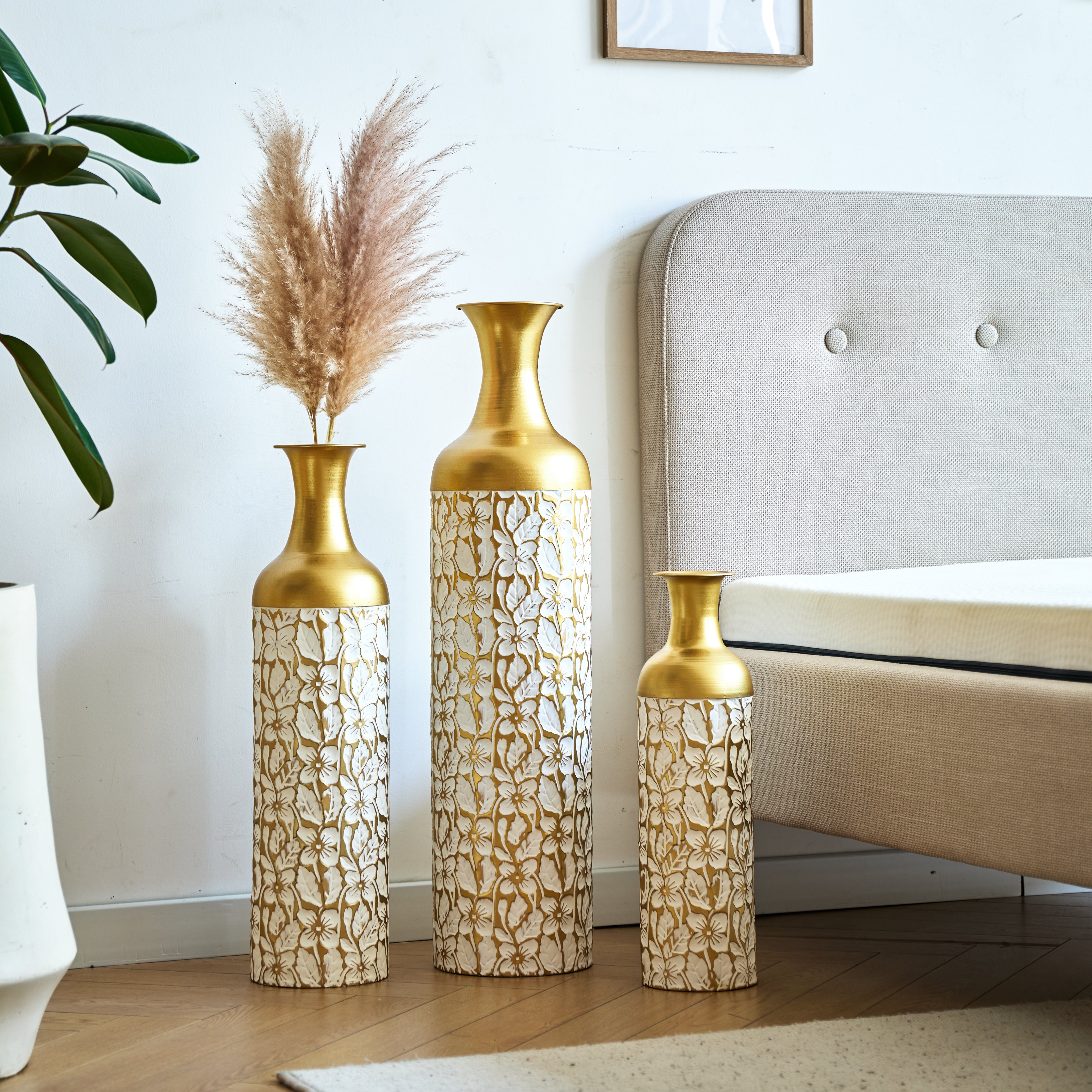 Floor Vase Set 3 Retro 83/65/50cm High White Gold Metal