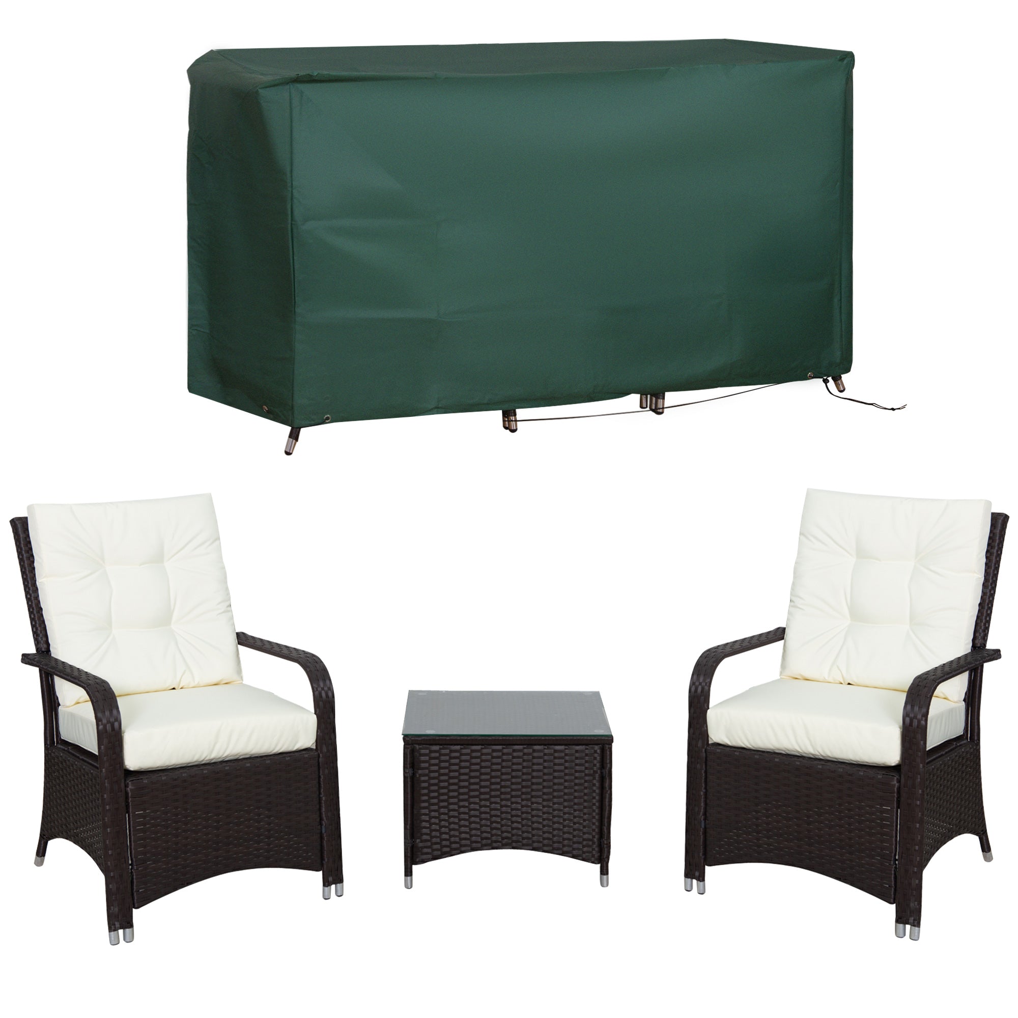 3 Pieces Rattan Bistro Set, Wicker, Glass Coffee Table & 2 Cushioned Chairs, Cream White