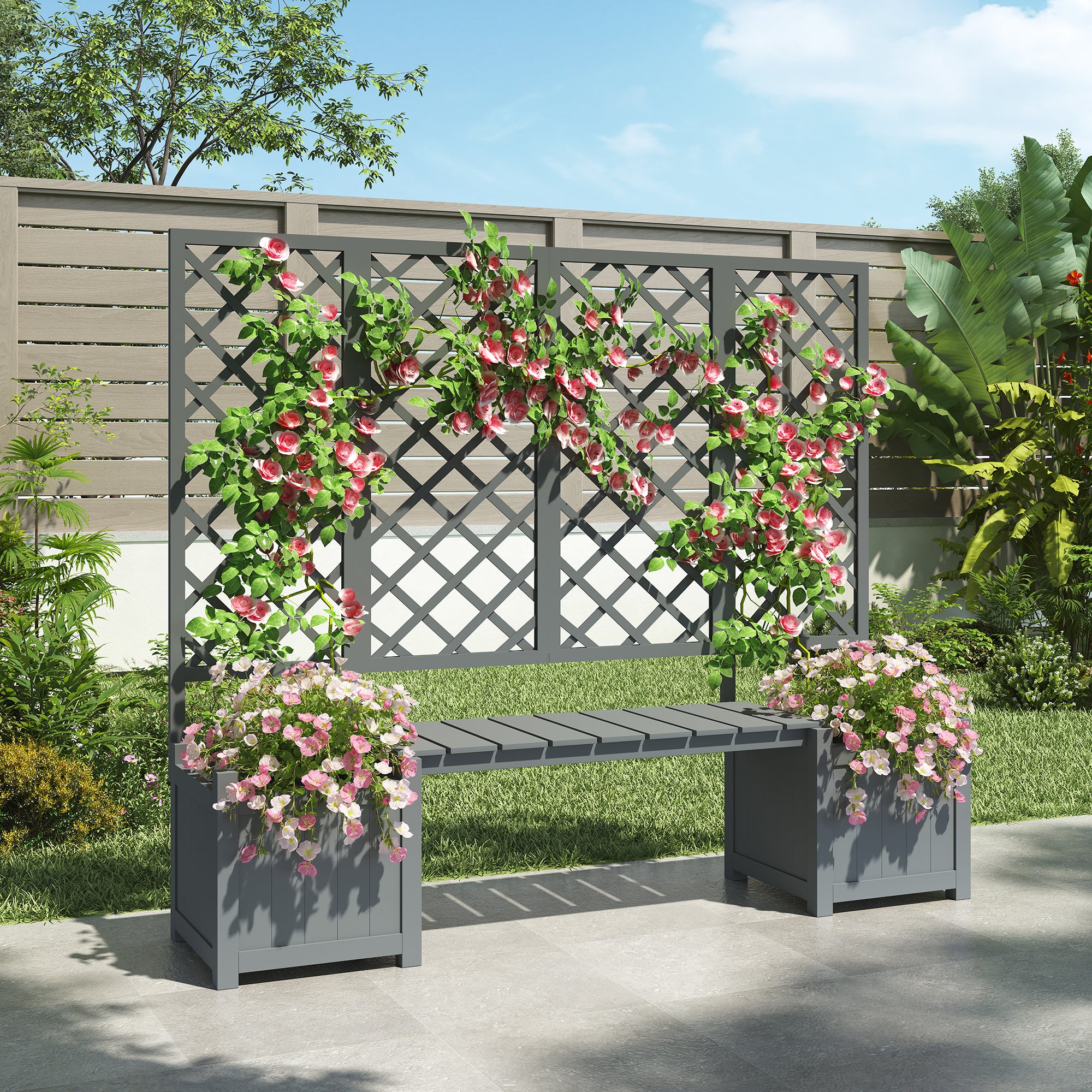 Planter Box with Trellis and Seating - Solid Grey Fir