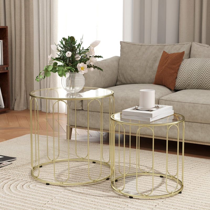 Elliptical Cut-Out Nesting Tables, Set of 2 Glass Top, Gold Metal