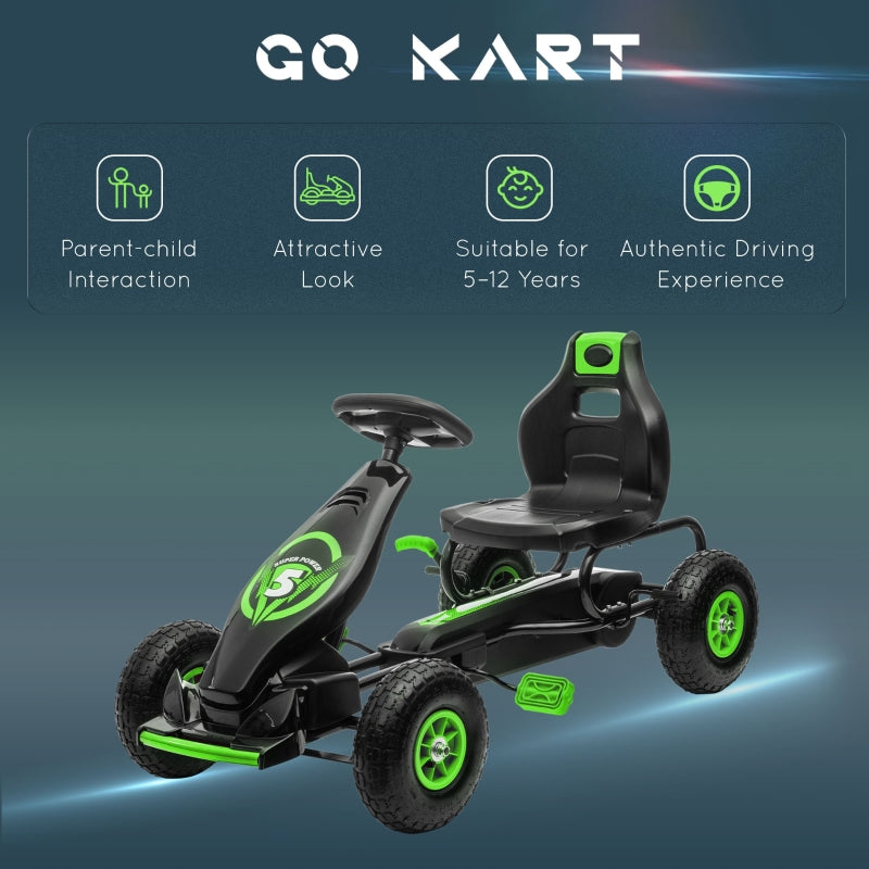 Kids Pedal Go Kart - Adjustable Seat, Inflatable Tyres - Green