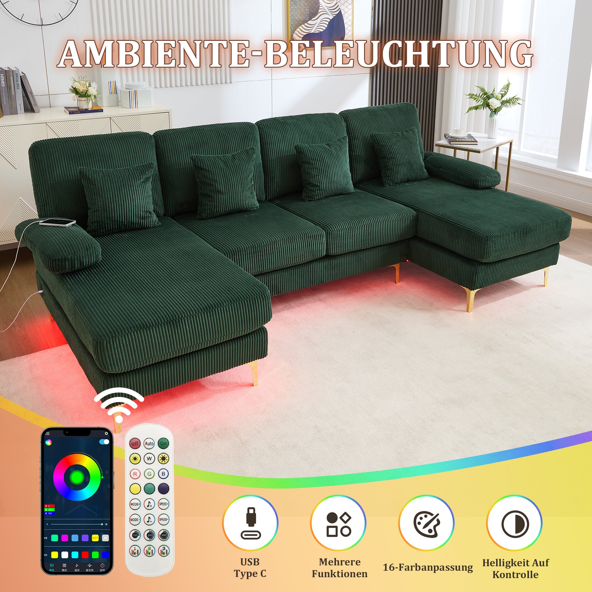 Sofa, U-Shaped with LED & USB-C, Dark Green