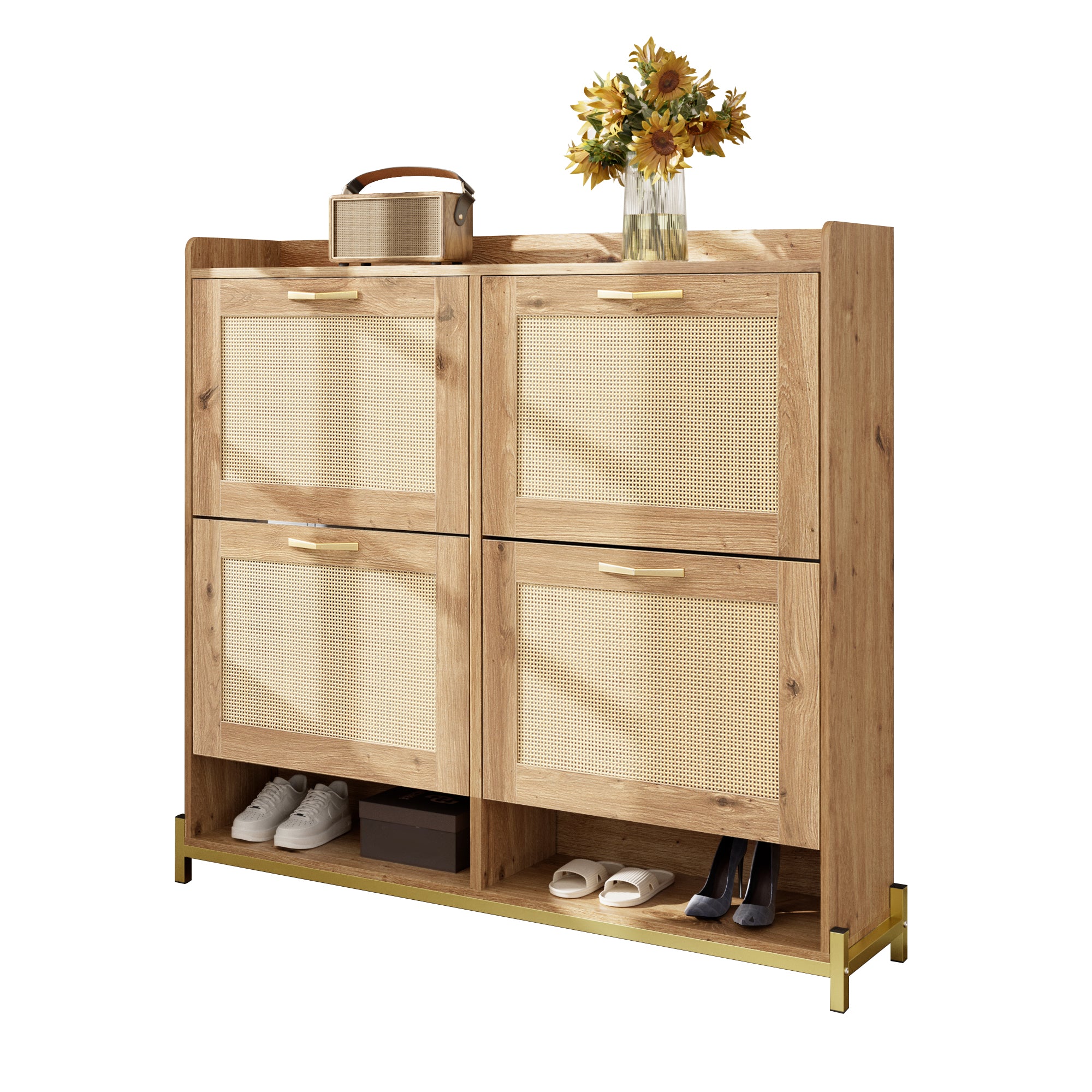 Elegant Shoe Cabinet 4 Doors Metal Frame Top Shelf Wooden Rattan