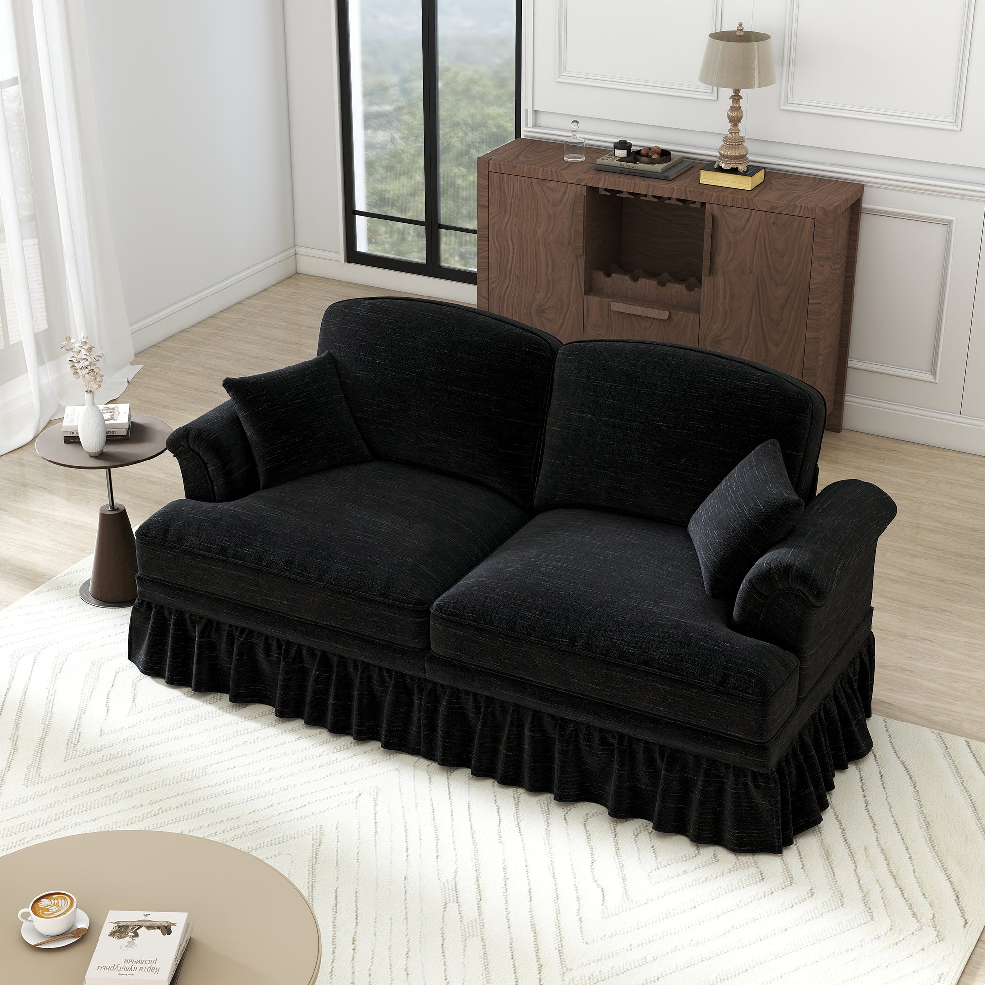 2-Seater Sofa, Medieval-Modern Style with Flared Armrests & Removable Valance, Black Chenille Fabric