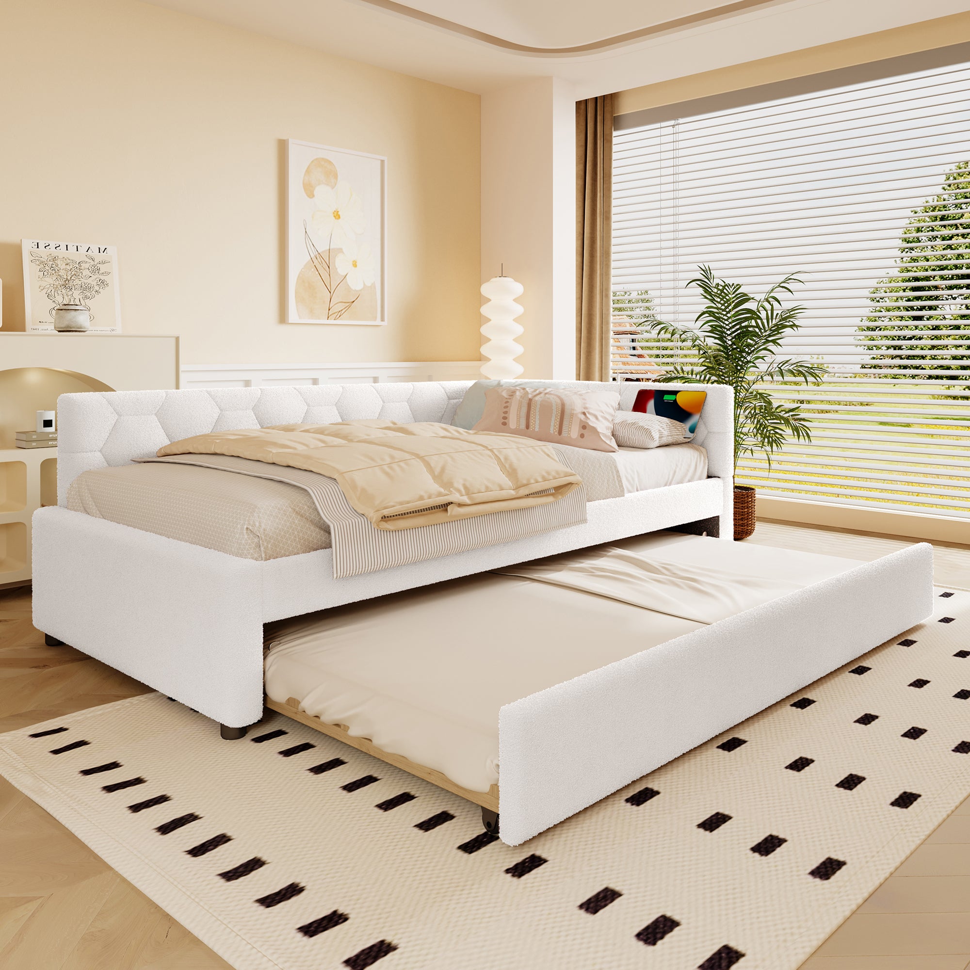 Daybed Sofa Bed 90x200cm Pull-Out Bed Lamp USB/Type-C - Fleece Imitation White