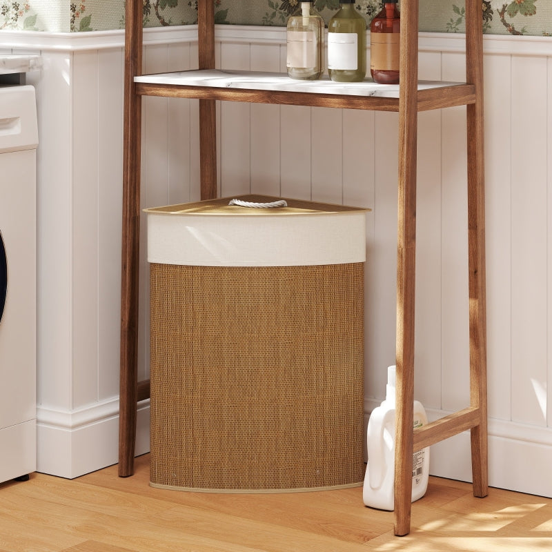 Bamboo Laundry Basket, 55 L, Corner, Removable Bag, Brown