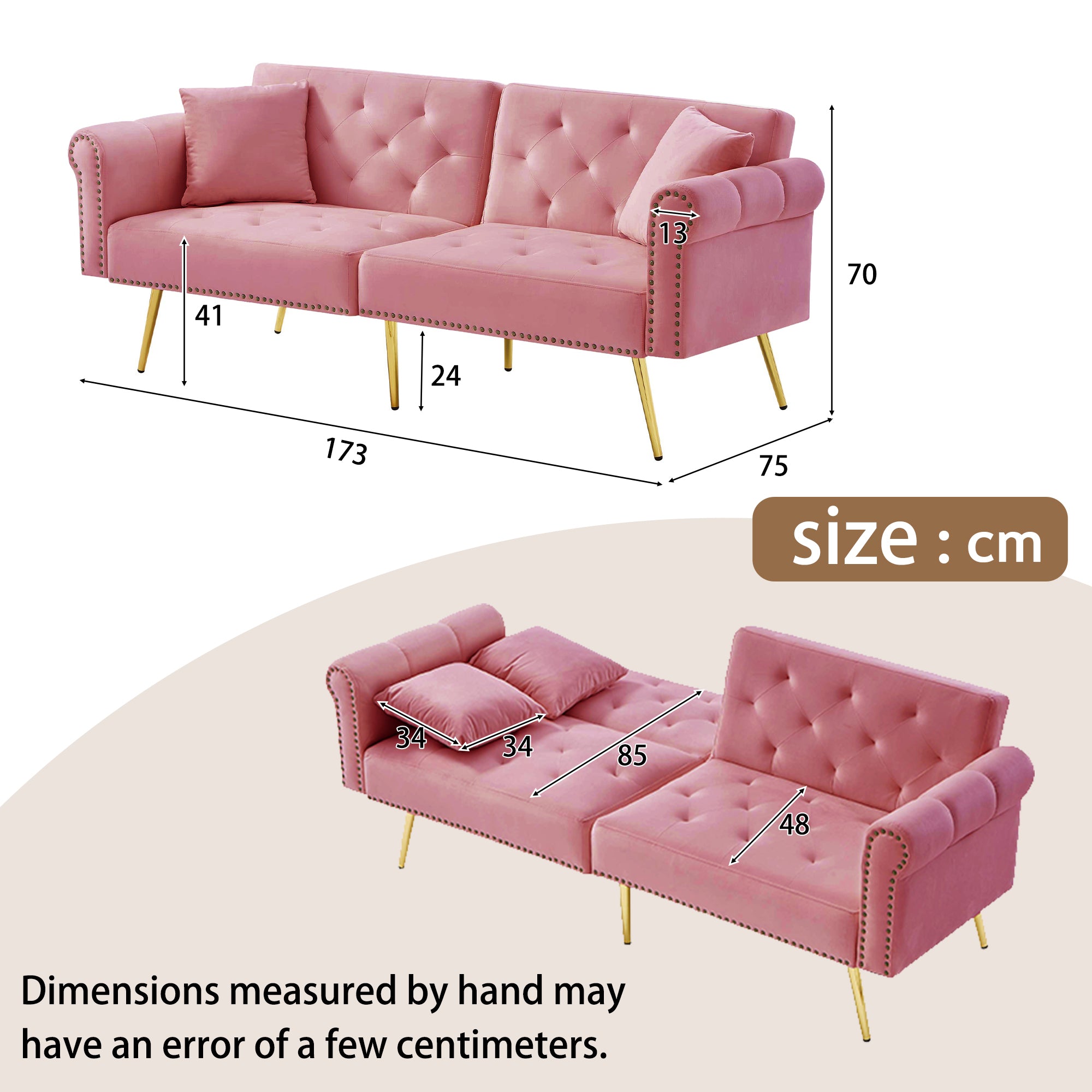 Modern 2-Seater Sofa Bed, Adjustable Backrest, Gold-Plated Metal Feet, Velvet