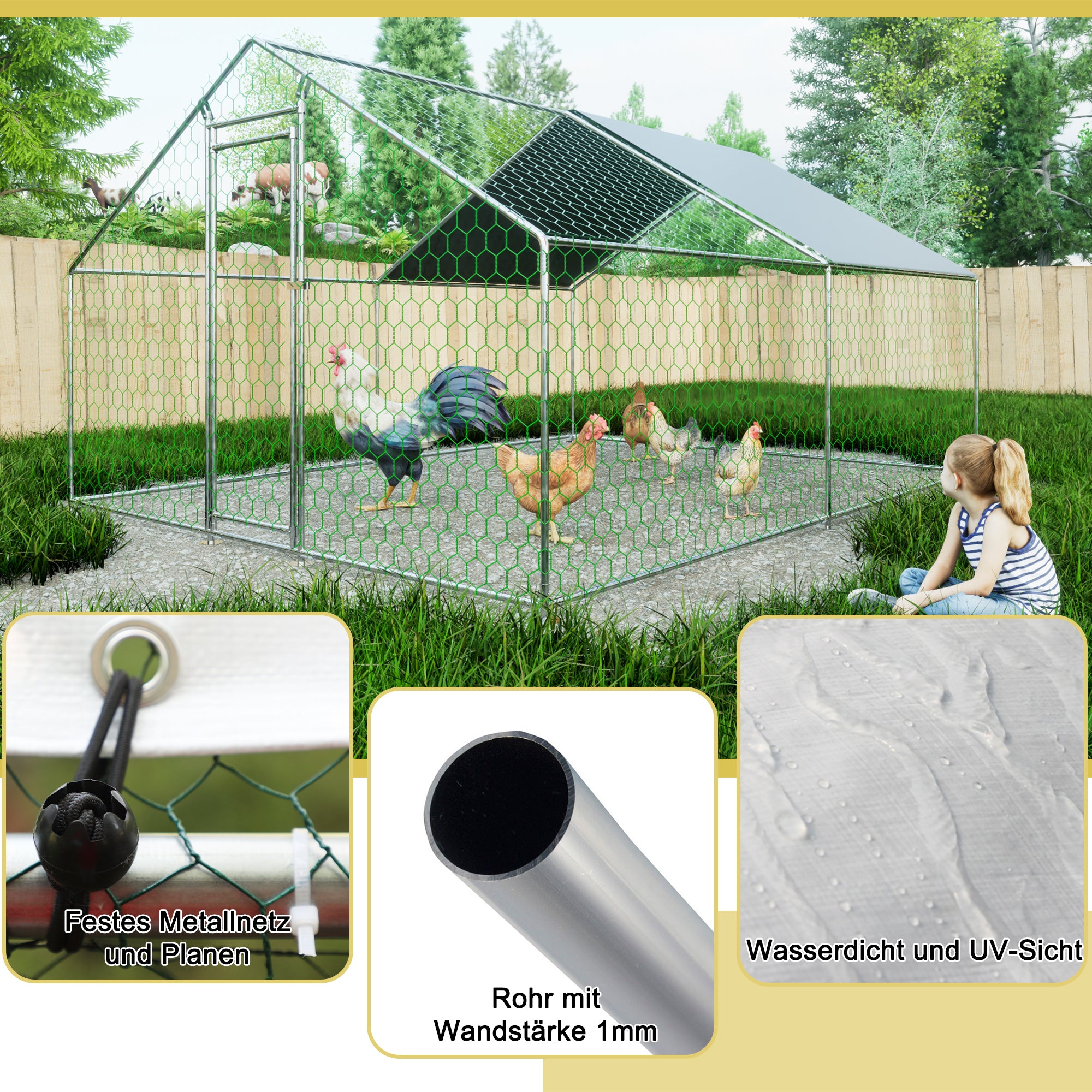 Free-range Chicken Coop, 3x4x2m with Safety Lock, Metal & PE Cloth