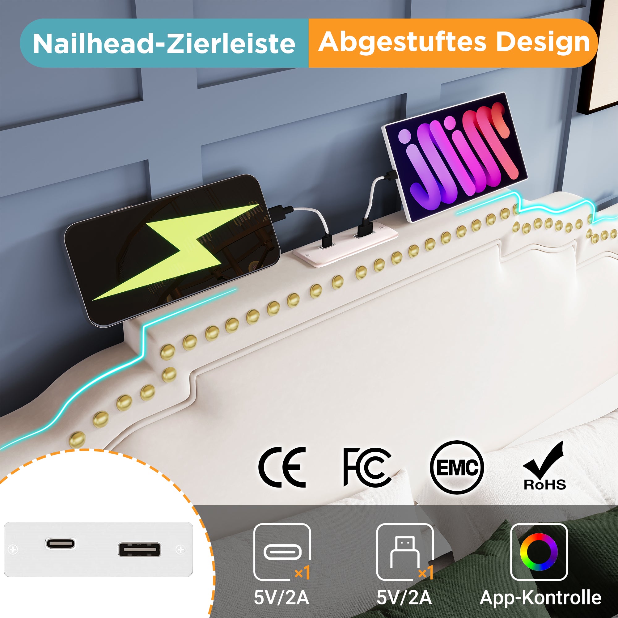 Upholstered Bed 140x200, Hydraulic Storage, LED, USB-C, Slatted Frame, Velvet Beige