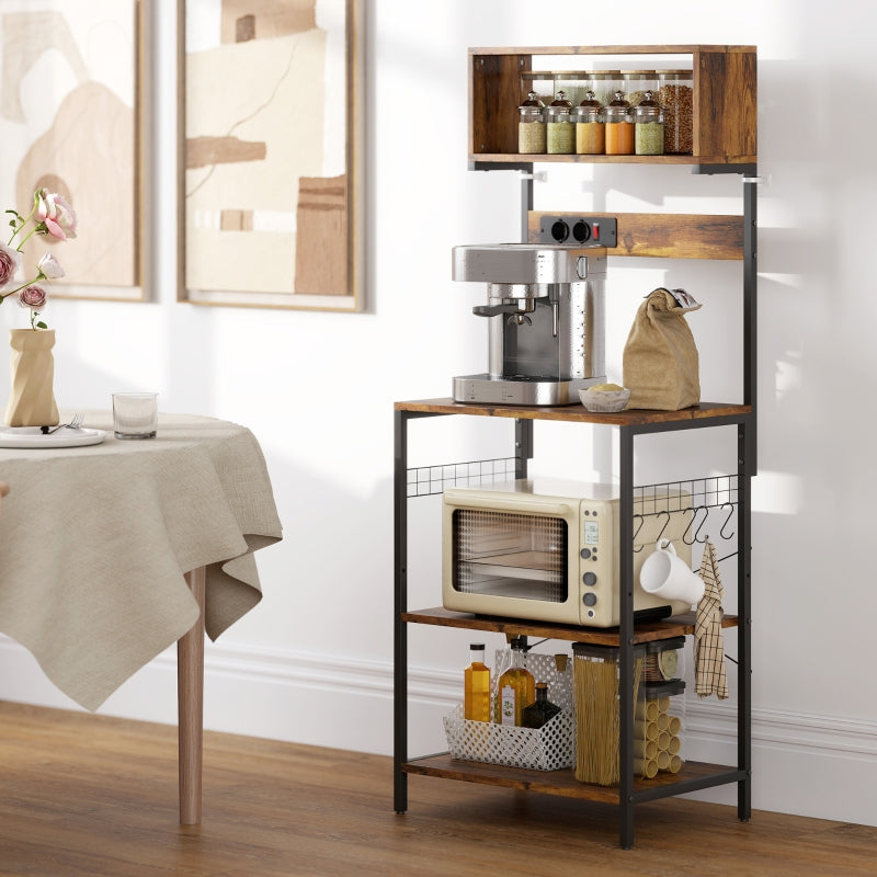 Freestanding Kitchen Shelf 5 Shelves 5 Hooks Power Outlet - Rustic Brown
