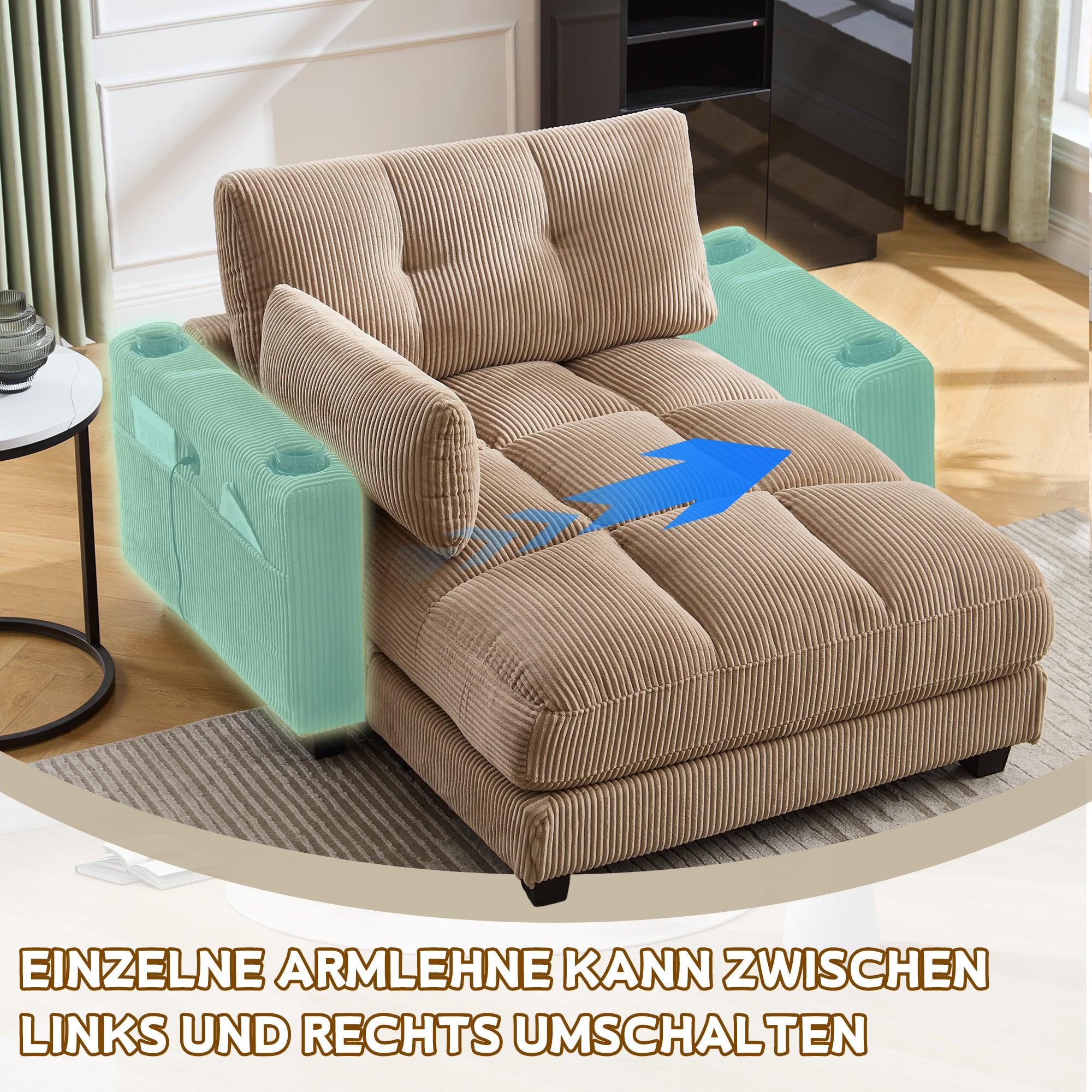 Palm Chair, Fluffy Striped, Rolling Cushions, Head Flaps, Side Pocket, Khaki