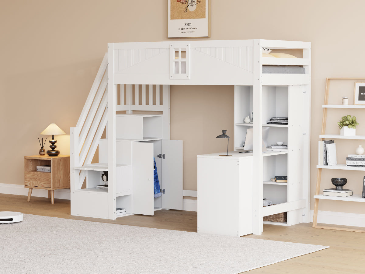 Loft Bed, 90x200cm with Storage, Desk, Drawers, White Solid Wood
