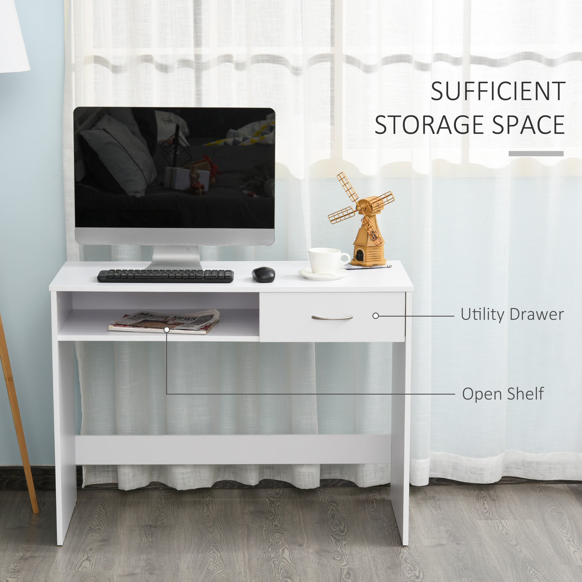 Compact Computer Desk Study Table with Drawer Storage White