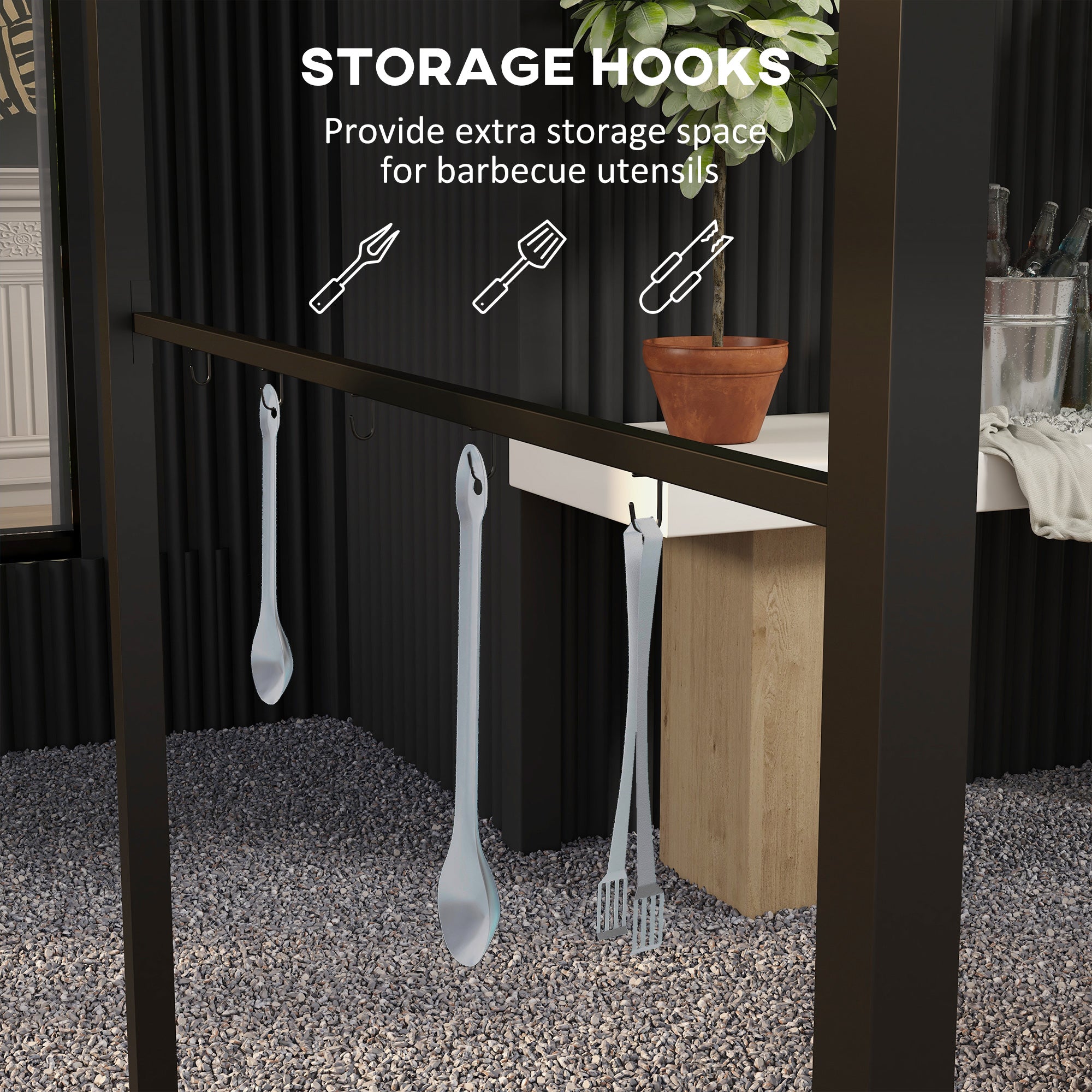 BBQ Grill Gazebo Tent 2.2 x 1.5m, Metal Frame Curved Canopy with 10 Hooks, Grey