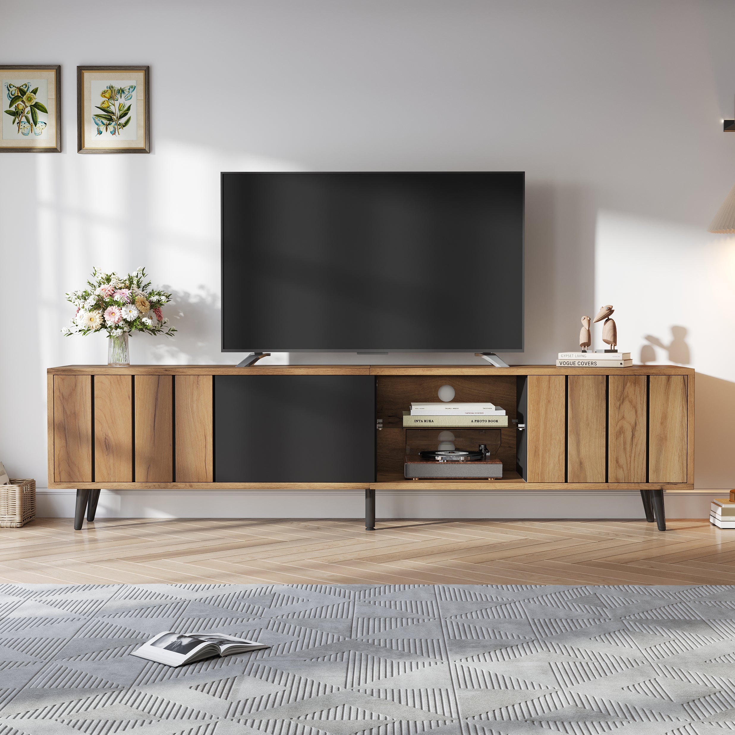 Lowboard TV Cabinet 175x31.5x45cm for 75-inch TVs with 3 Cabinets Wood Black