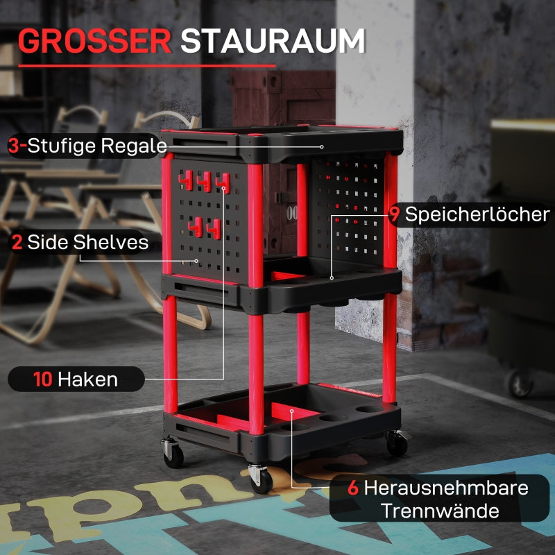 Workshop trolley 3 levels, side perforated shelves, 10 hooks, 91 kg load capacity, black