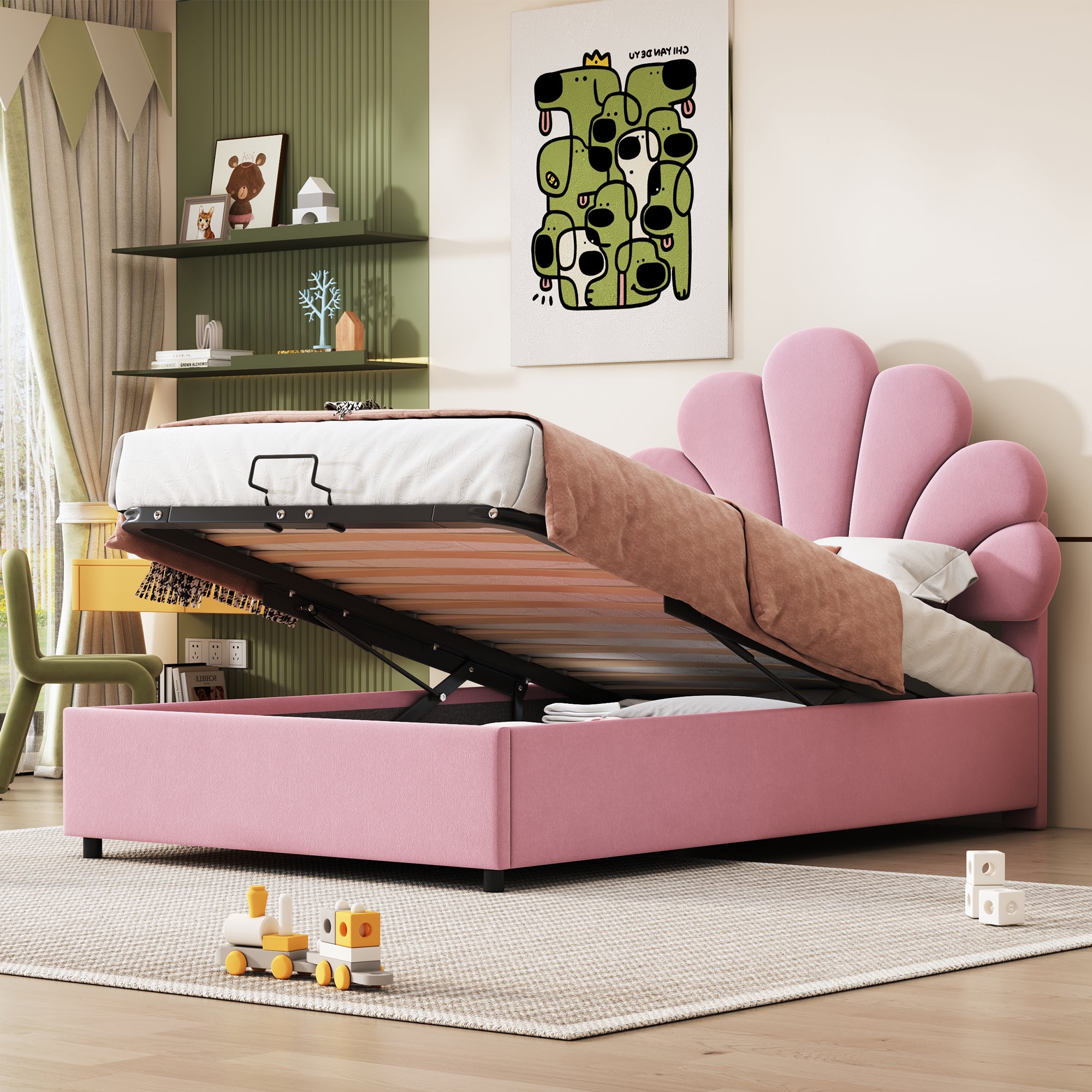 Upholstered Children's Bed 90 x 200 cm, Floral Headboard, Hydraulic Storage, Pink Velvet