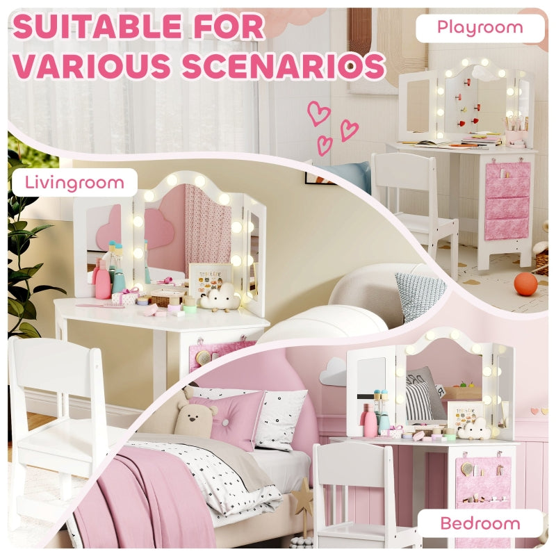 Kids Dressing Table and Stool Set with 2-Colour LED Lights Tri-Folding Mirror, White
