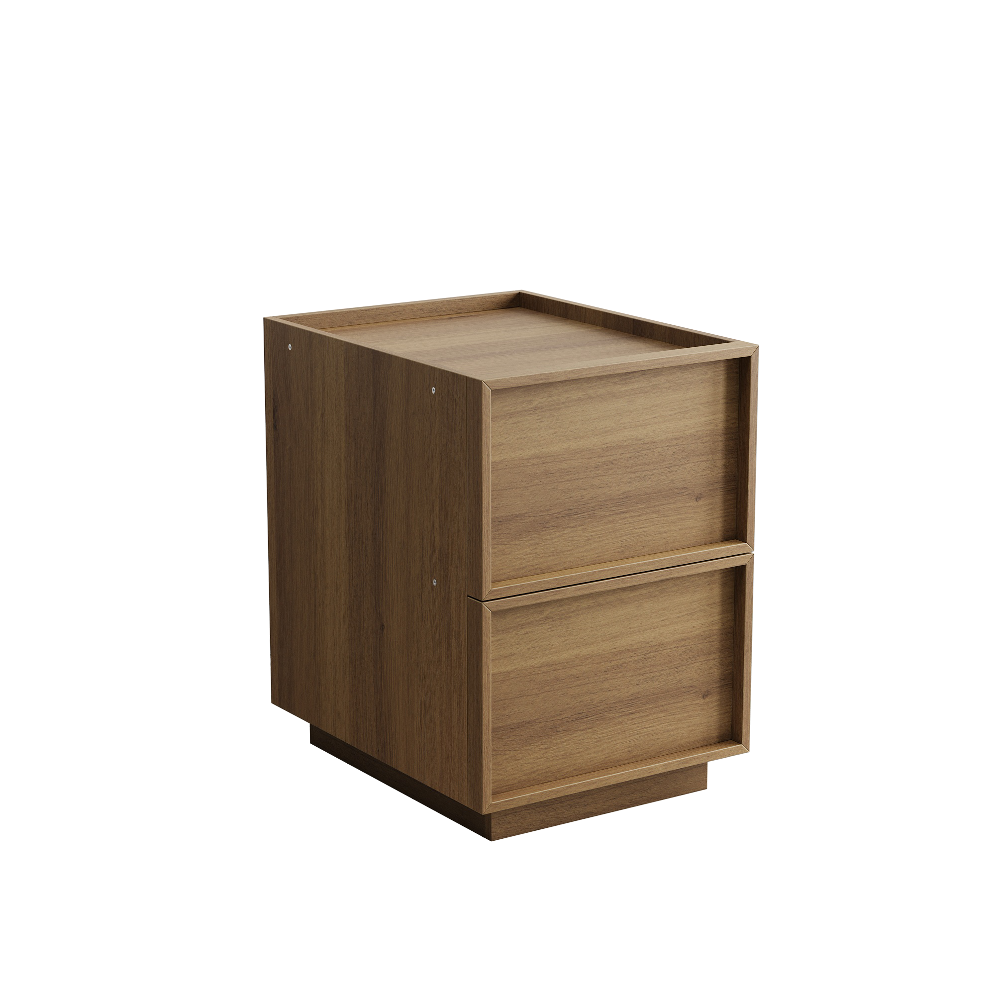 Medieval-Modern Bedside Table with 2 Handleless Drawers and Metal Rails, Oak Look MDF