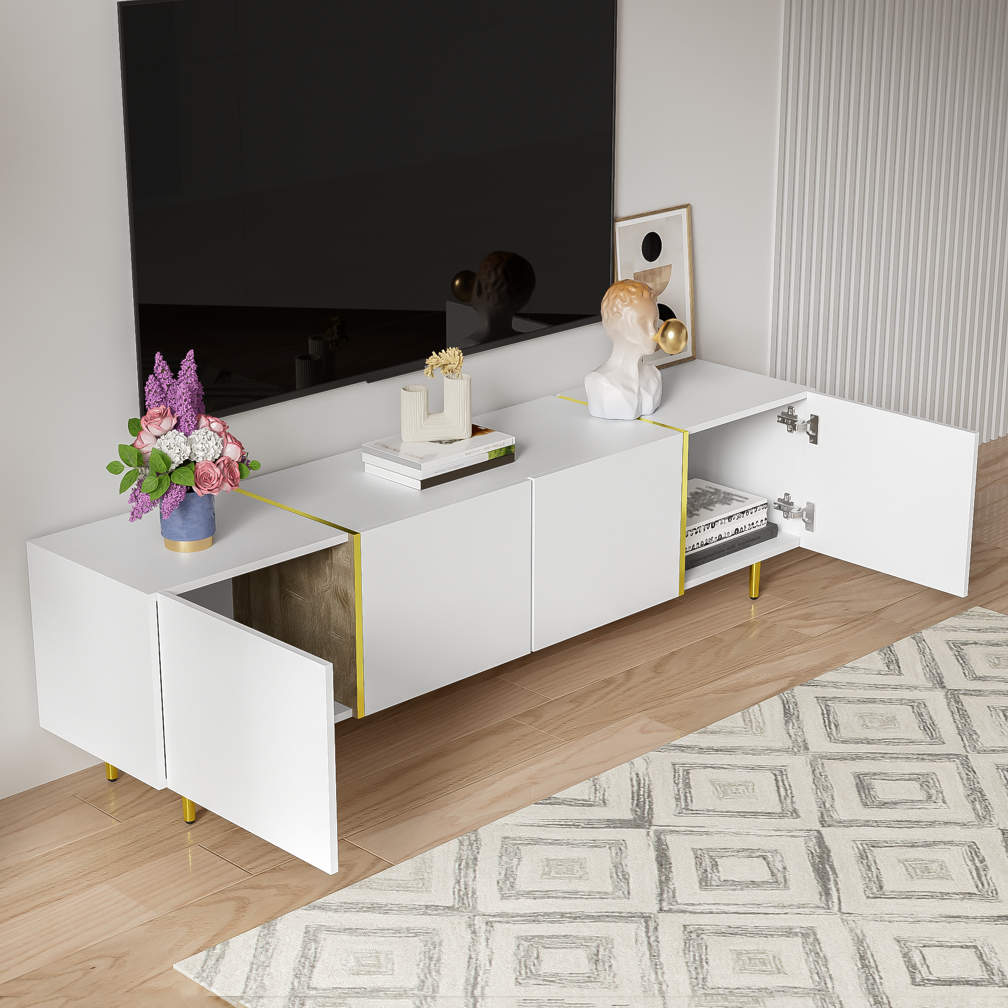 High-gloss TV cabinet with four doors, modern and simple, in white