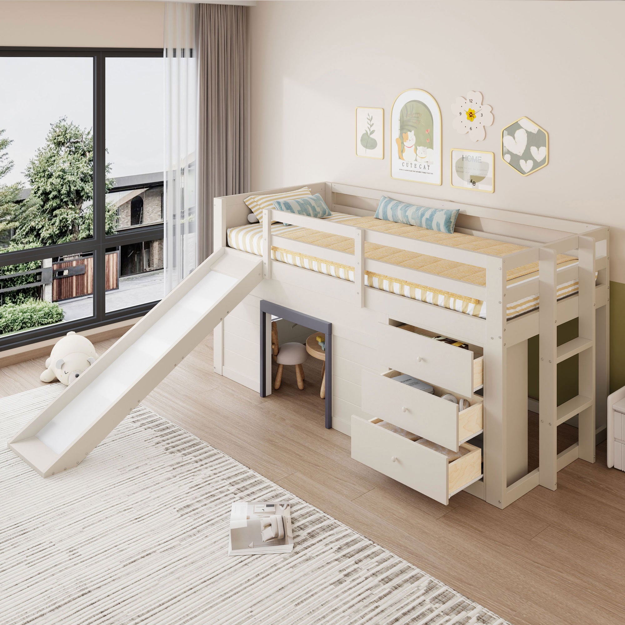Loft Bed, 90 x 200 with Slide, 3 Drawers & 2 Doors, Cream