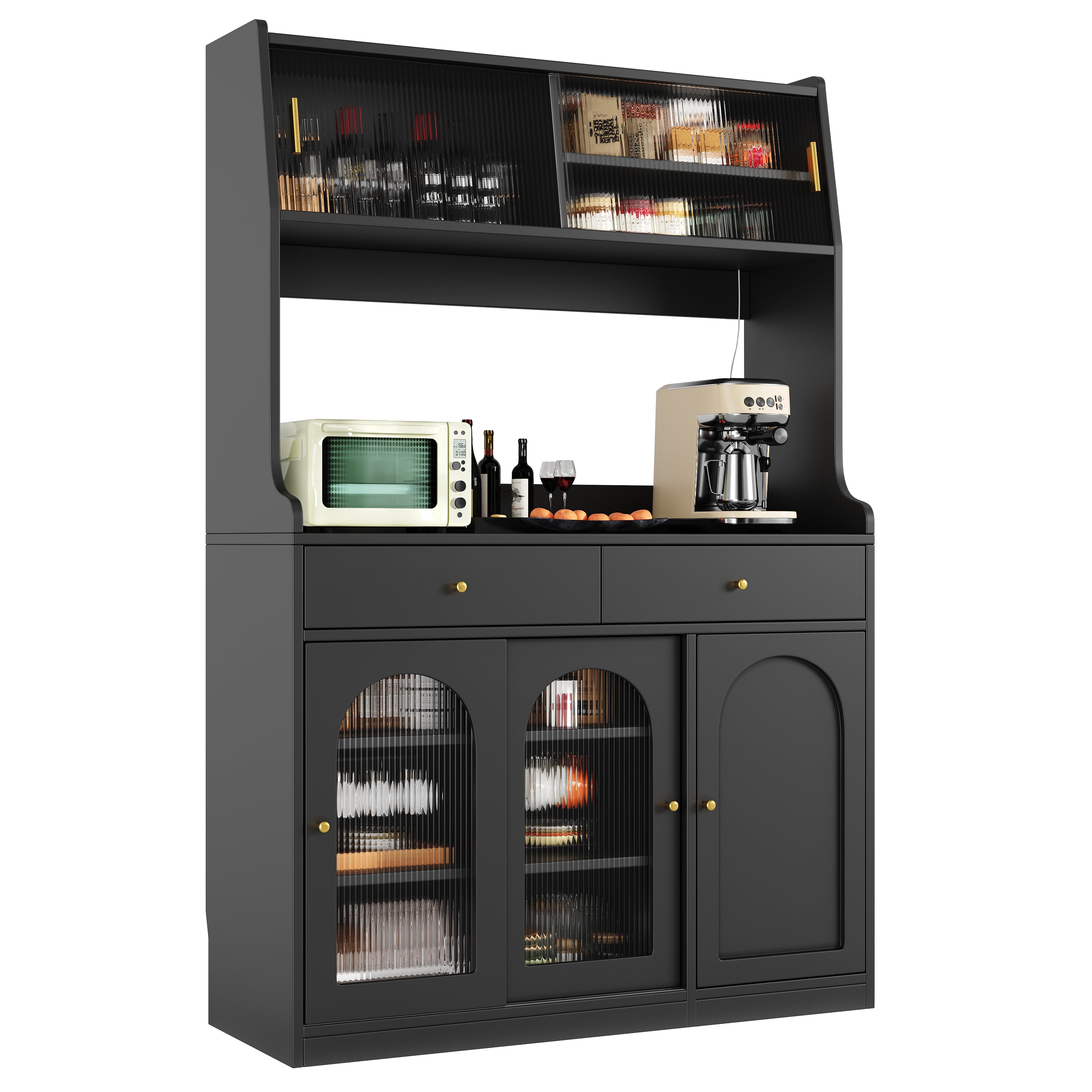 Tall Cabinet Sideboard with LED Adjustable Shelves & 2 Drawers - Black