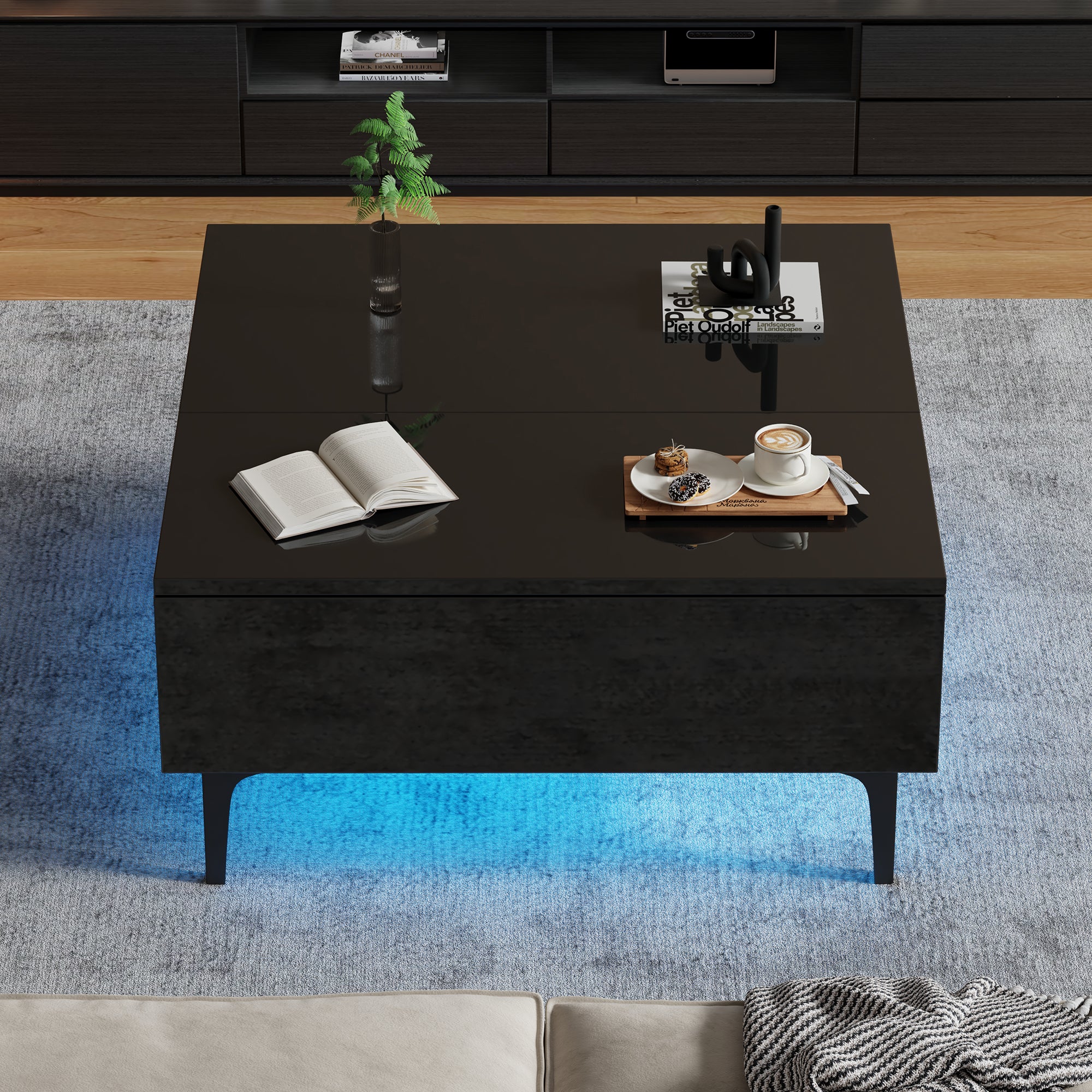 Coffee Table, 70x70x35cm Height-Adjustable with Hidden Storage & Shelves, Black High-Gloss