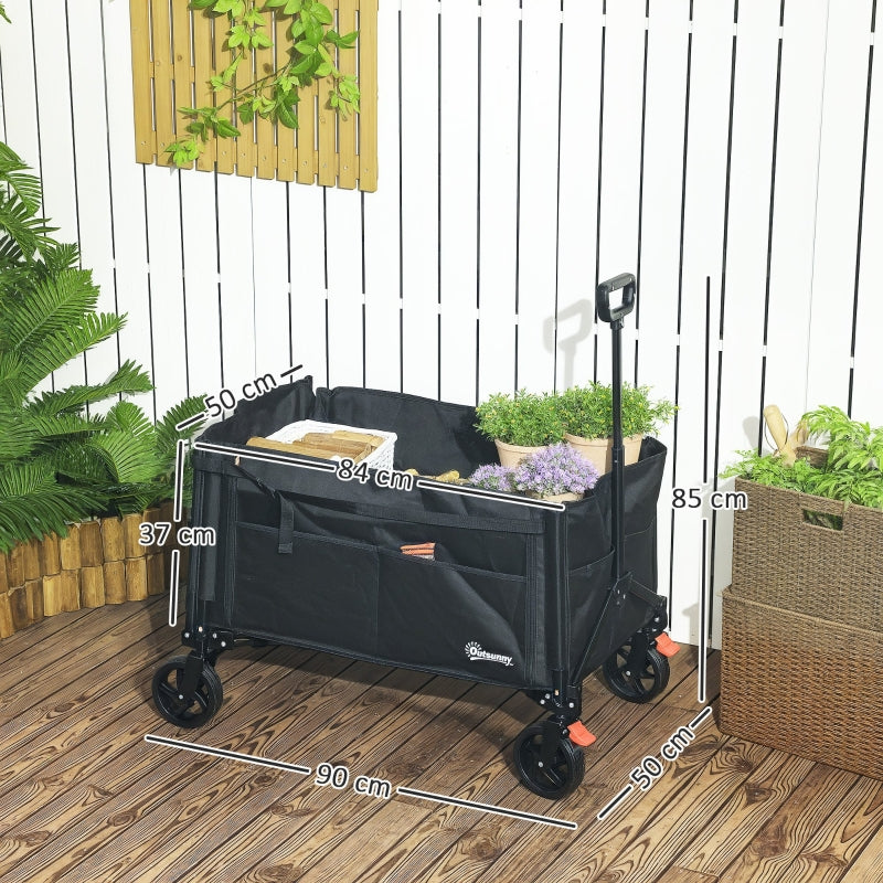 Folding Trolley on Wheels, 150L Collapsible Wagon with Openable Sides and Adjustable Handle, Black