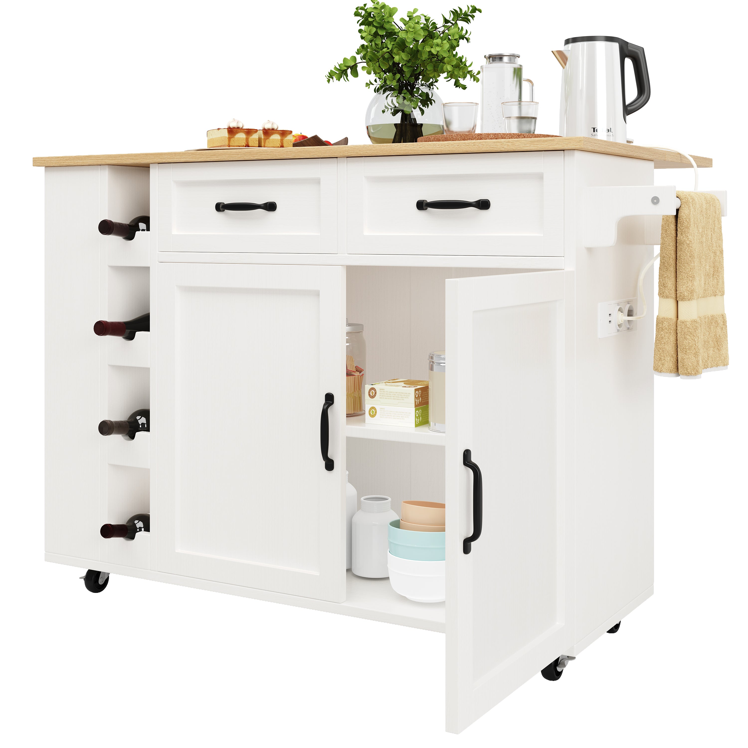 Kitchen Island Serving Cart with Power Strip, Wine Rack, Wood Grain, White