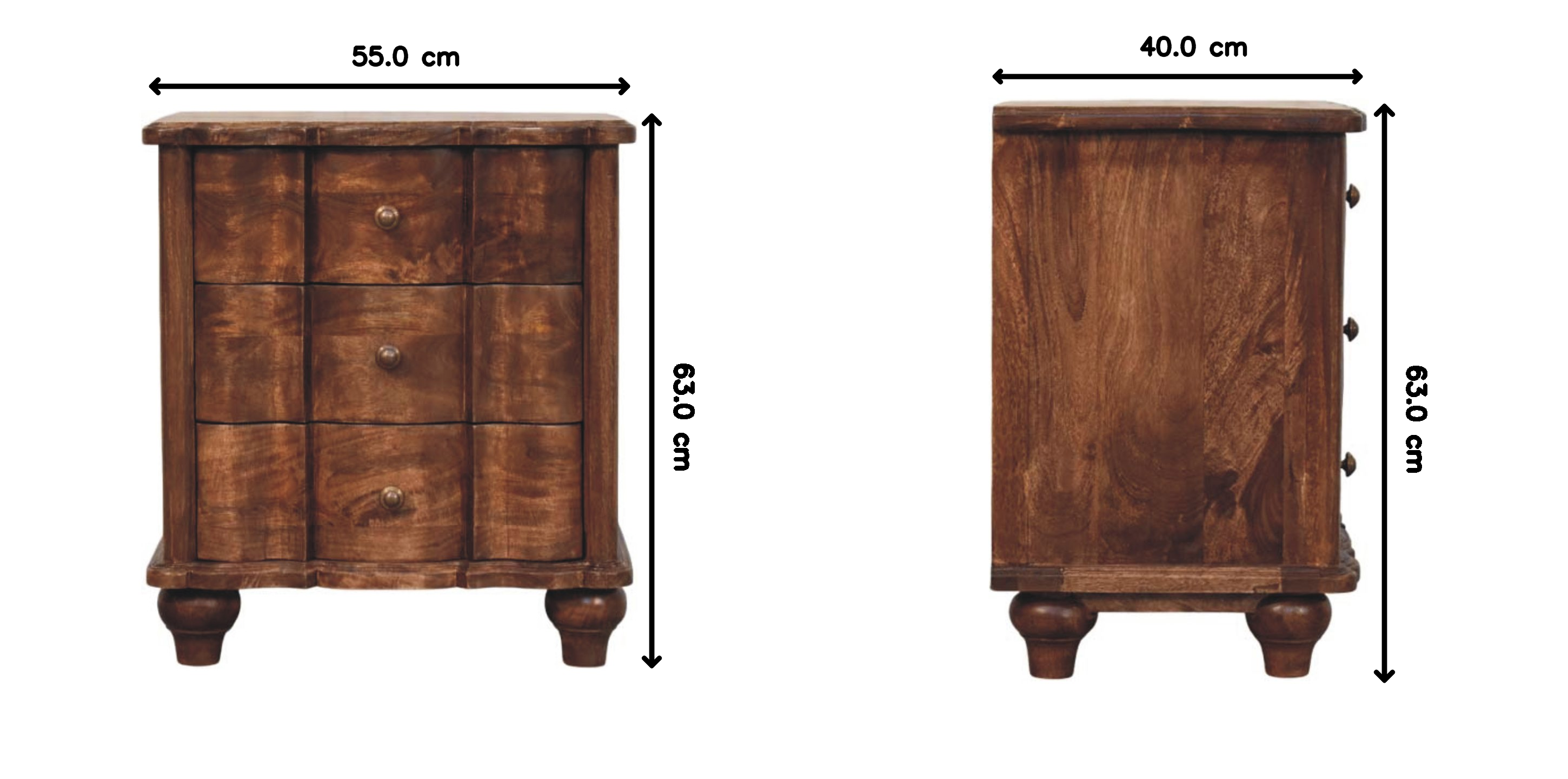 Valencia Bedside with 3 Drawers, Solid Wood Brown