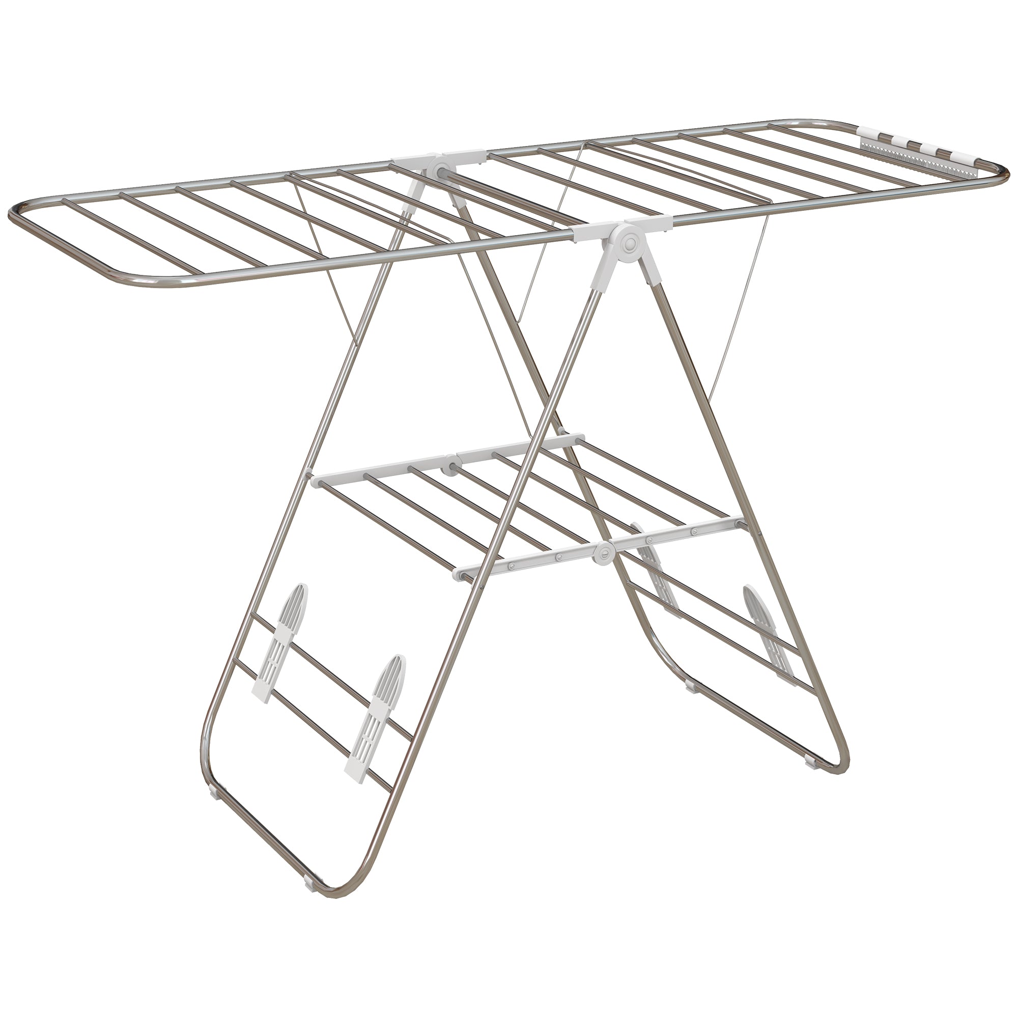 Clothes Airer, Foldable Portable with Telescopic Poles, Stainless Steel and Plastic, Silver and White