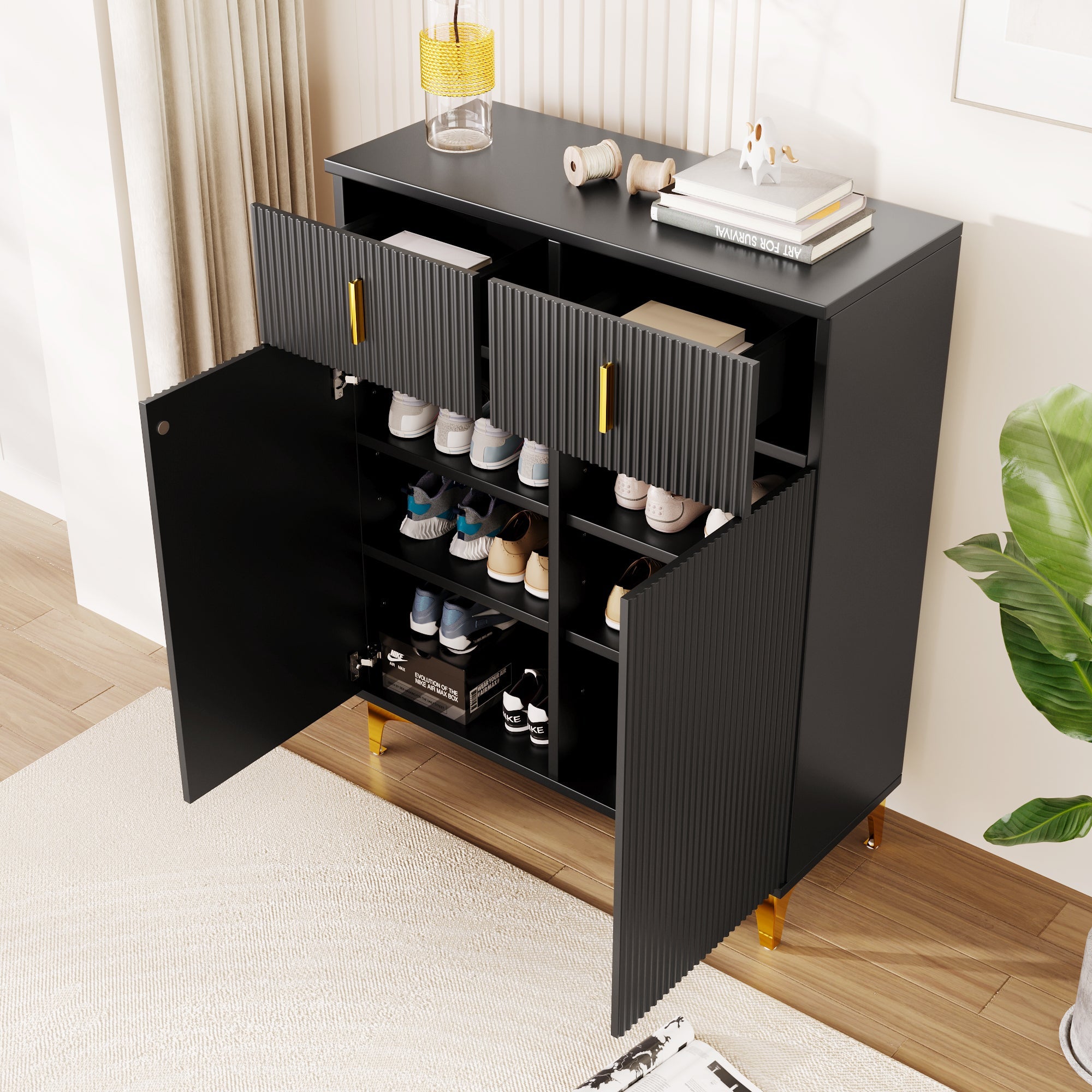 Sideboard Shoe Cabinet with Structural Panels, Adjustable Shelves & Drawers, Gold-Plated