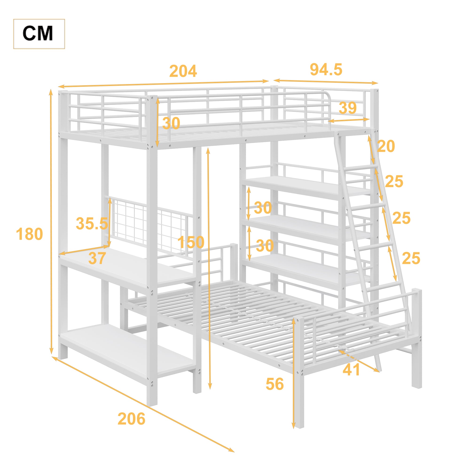 Bunk Bed, Metal Frame Loft with Storage, White