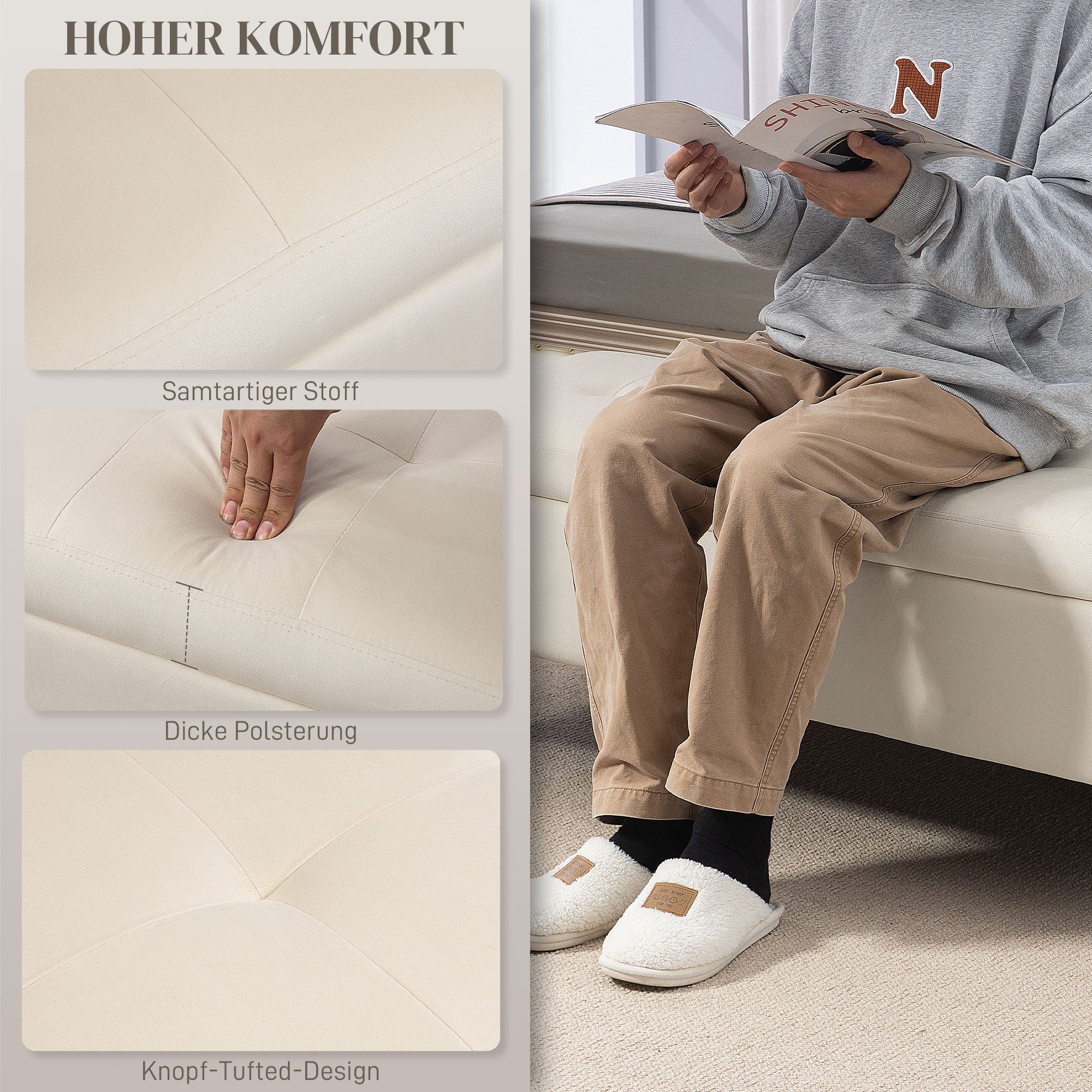 Storage Bench Upholstered Metal Legs, Velvet Look Beige