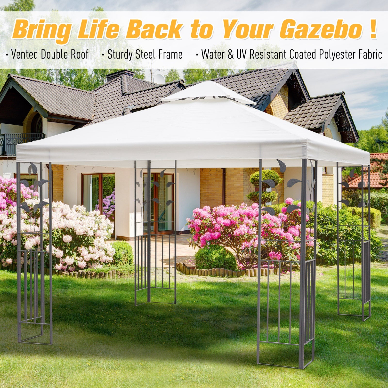 Gazebo 3 x 3m 2 Tier Roof Decorative Steel Frame - Cream
