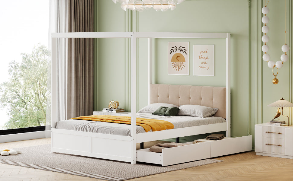 Canopy Bed, 140x200cm Large Drawers Soft Headboard, Wooden White