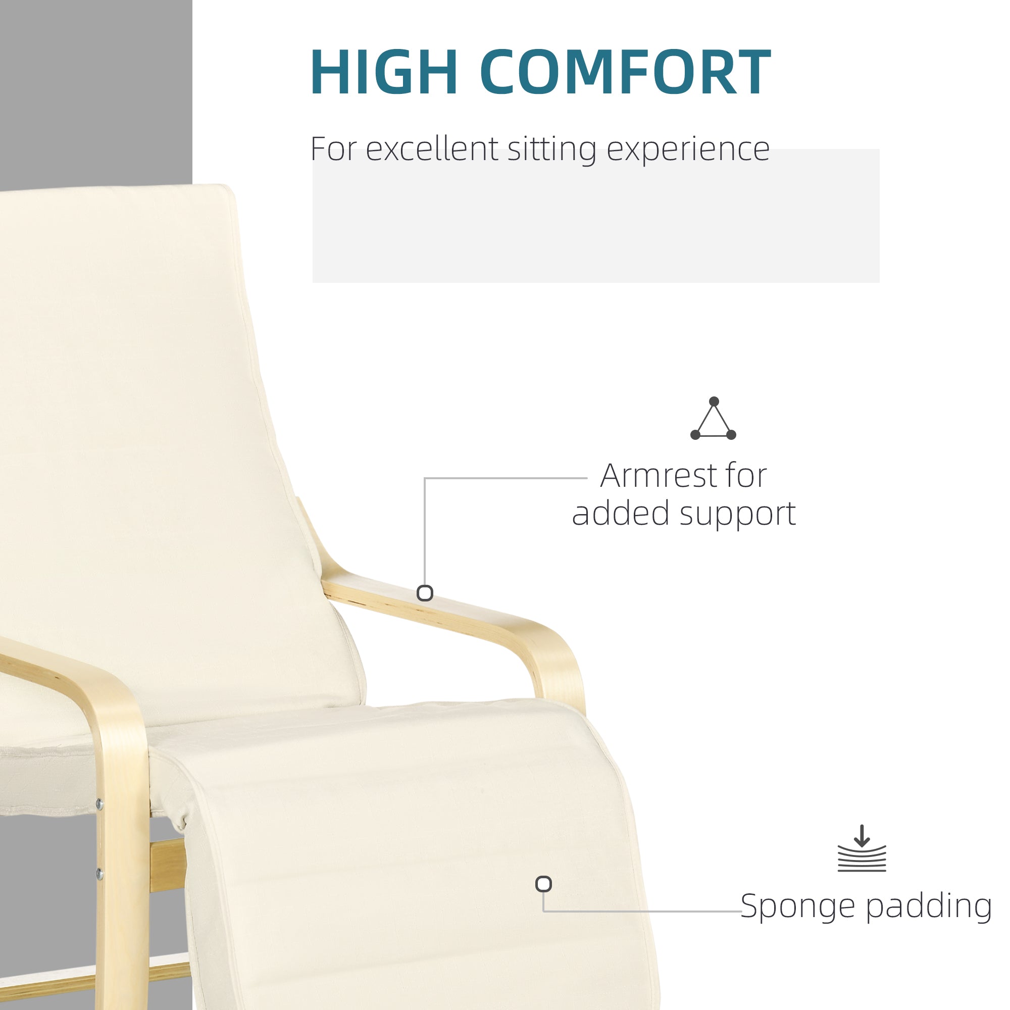 Wooden Lounging Chair with Adjustable Footrest and Removable Cushion, Cream White