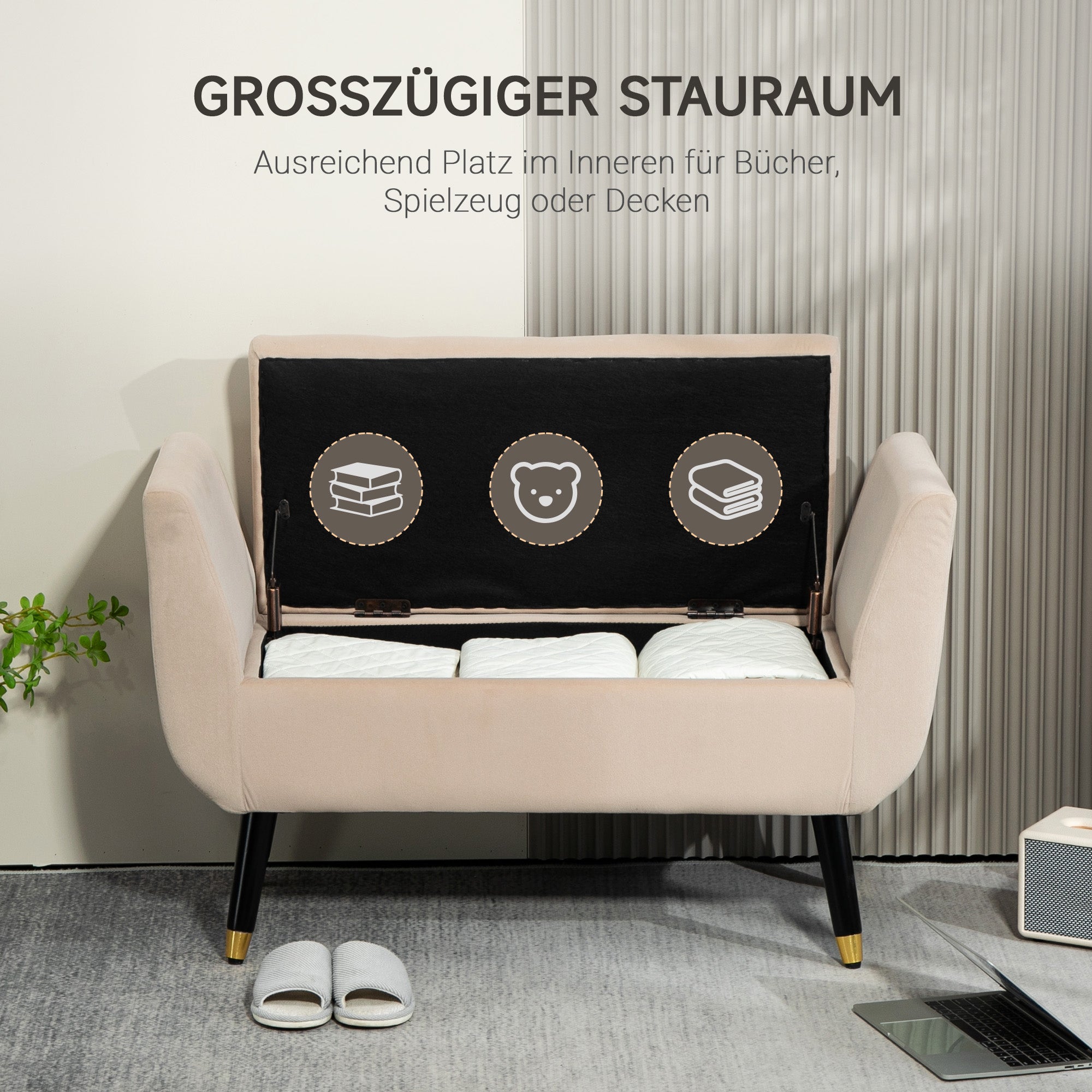 Luxury Upholstered Bench with Storage Armrests Chest Beige