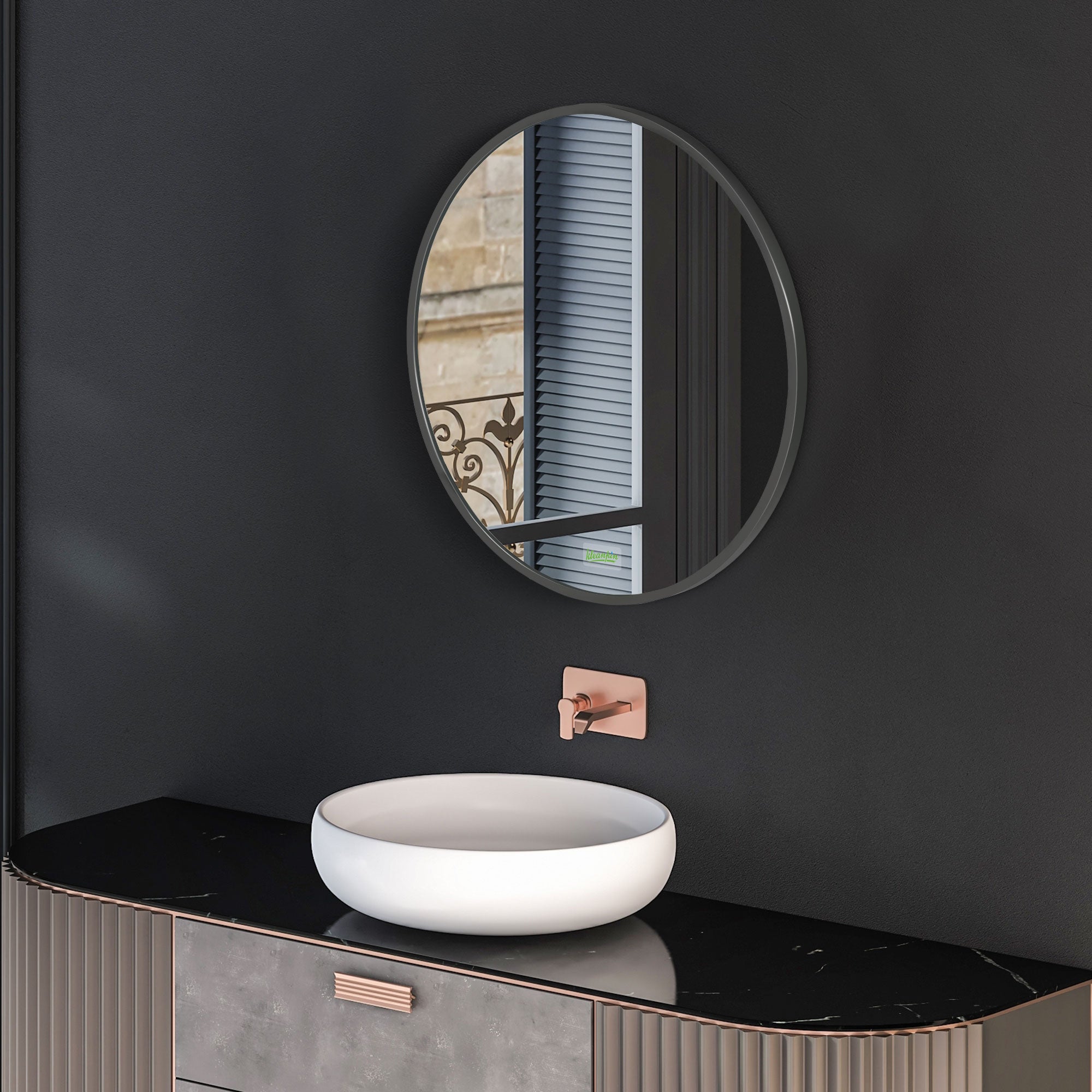 Bathroom Mirror Round Wall Ø50 cm Aluminum Frame IP44 Black