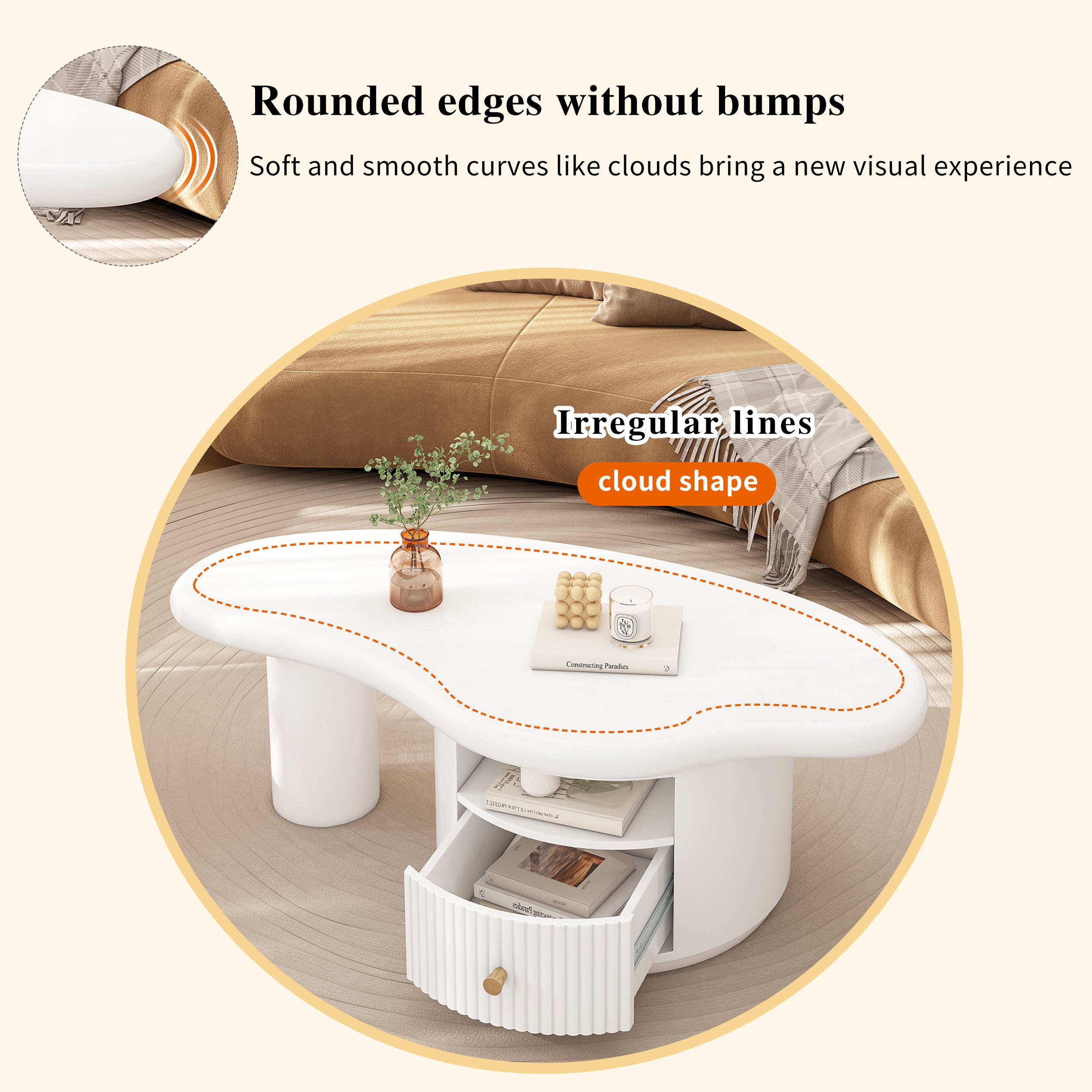 Cloud Coffee Table, Irregular Shape 110cm with Drawer, MDF
