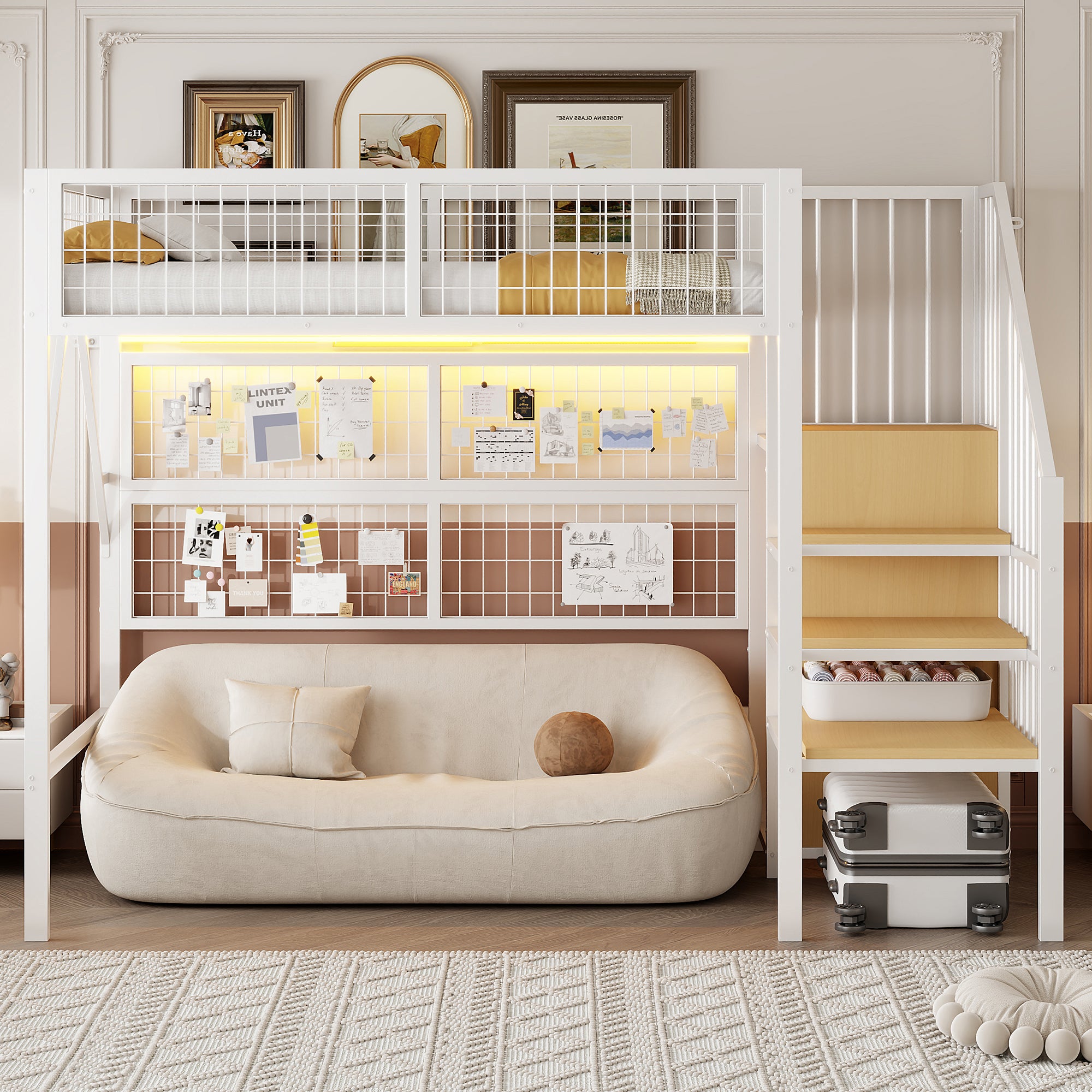 Iron Loft Bed, 90x200 with LED, Storage Stairs, Open Wardrobe, Black and White Metal