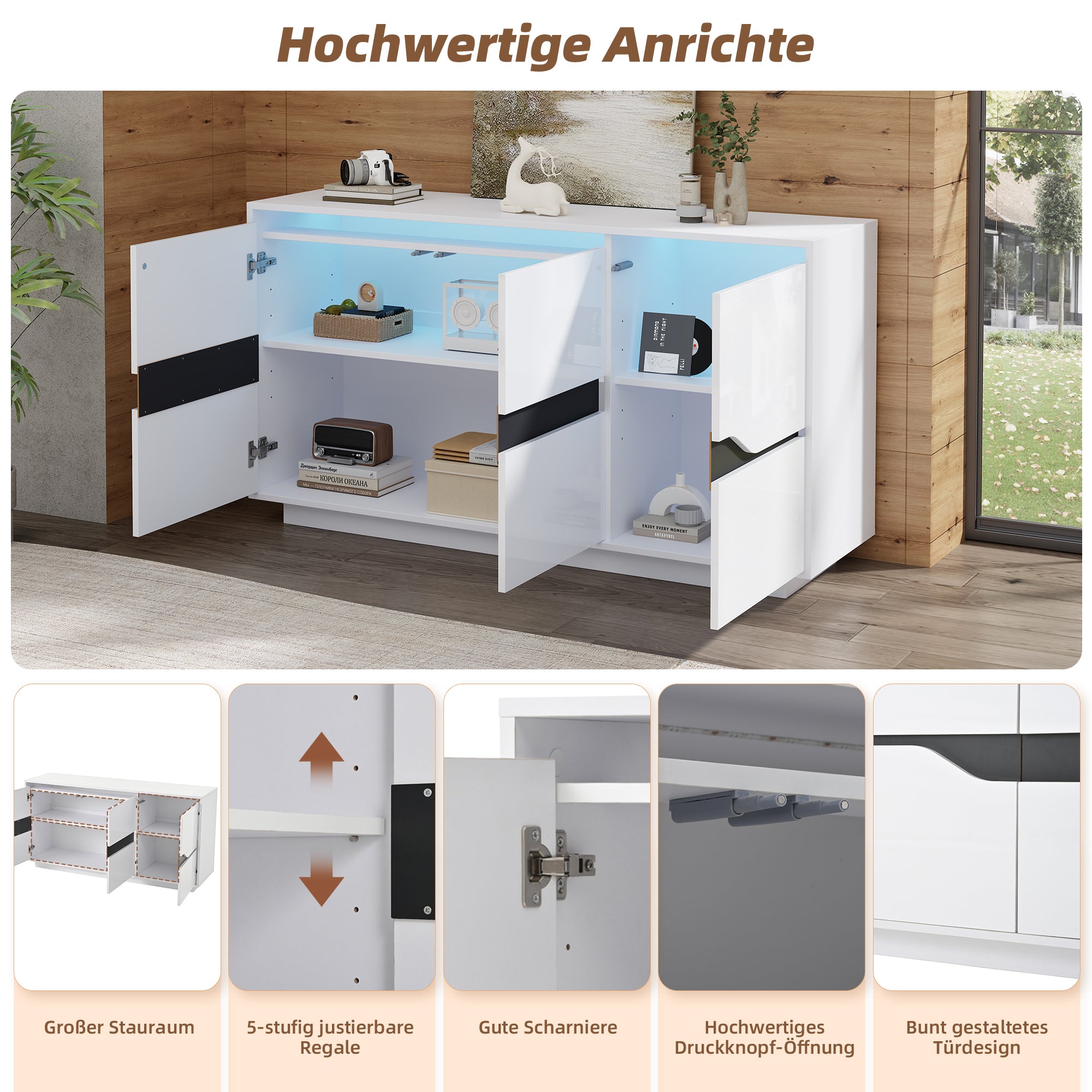 Sideboard, Living Room 140x40x76cm with 3 Doors, Adjustable Dividers, LED, White & Black