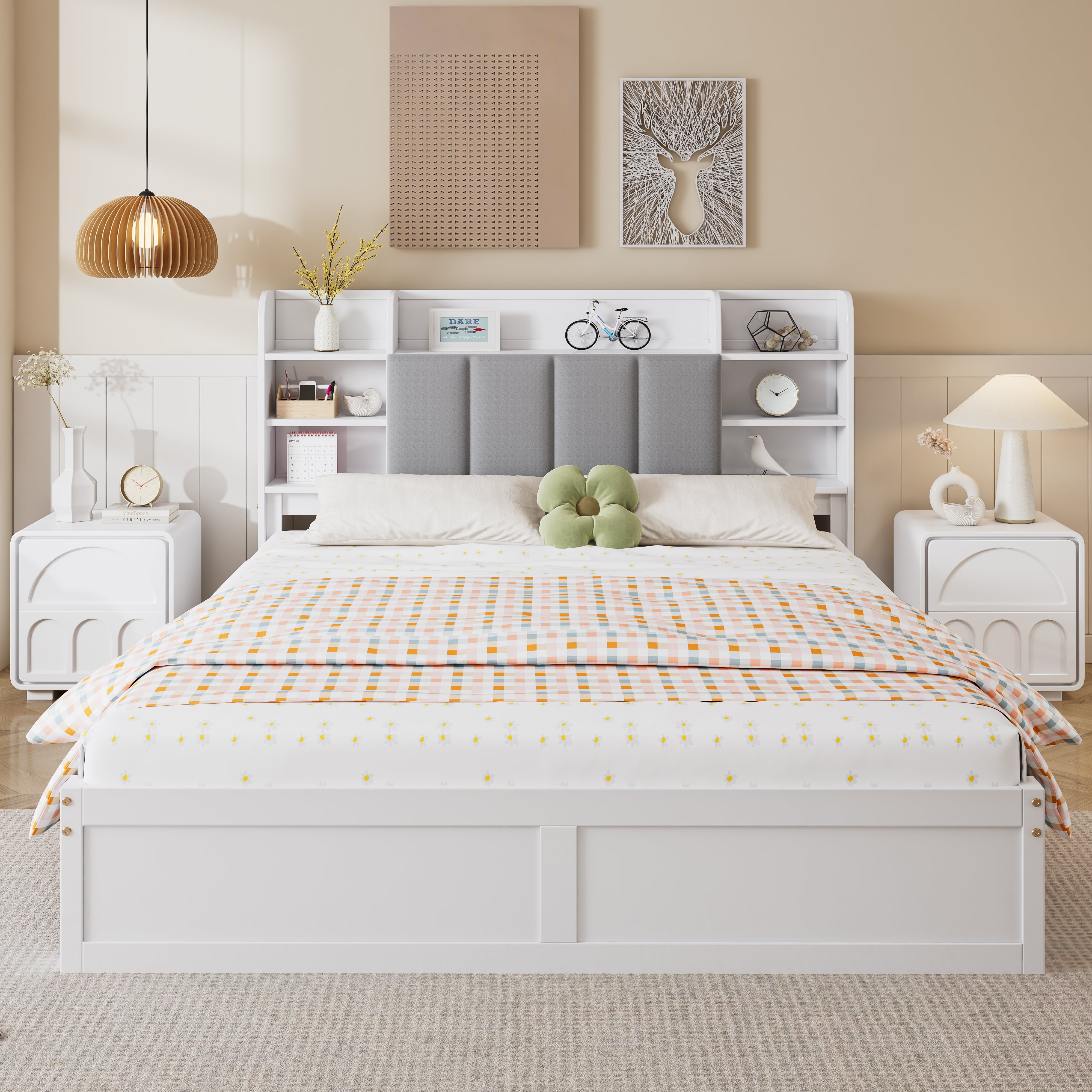 Double Bed, Open Shelf, 3 Drawers, Pine Frame, White+Grey