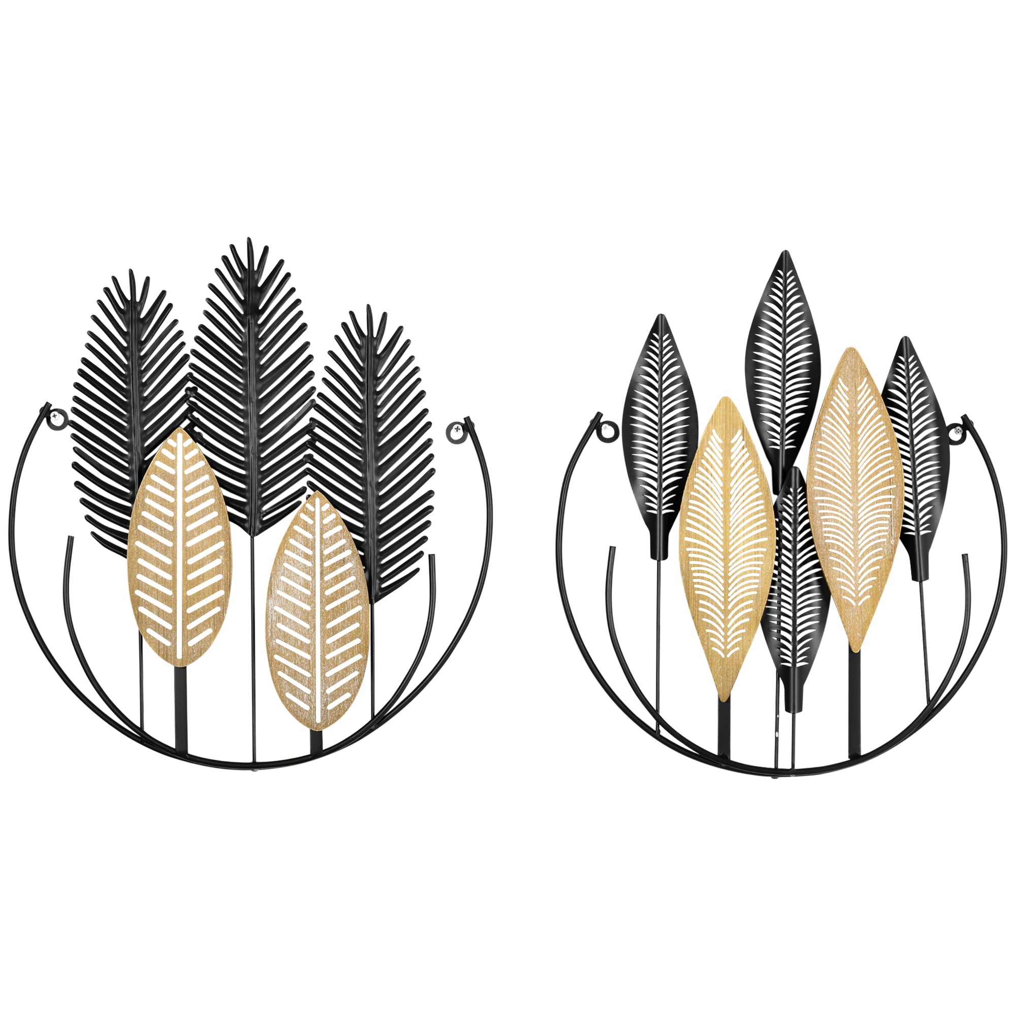 3D Wall Art 2-Set Leaves Decoration, Modern Metal Black and Natural