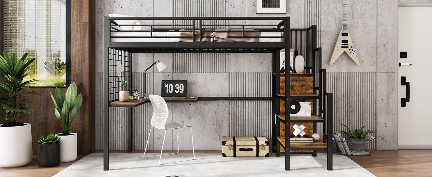 Iron Bunk Bed, Loft Bed with Table & Wardrobe, 90x200cm, Black Iron & Dark Wood