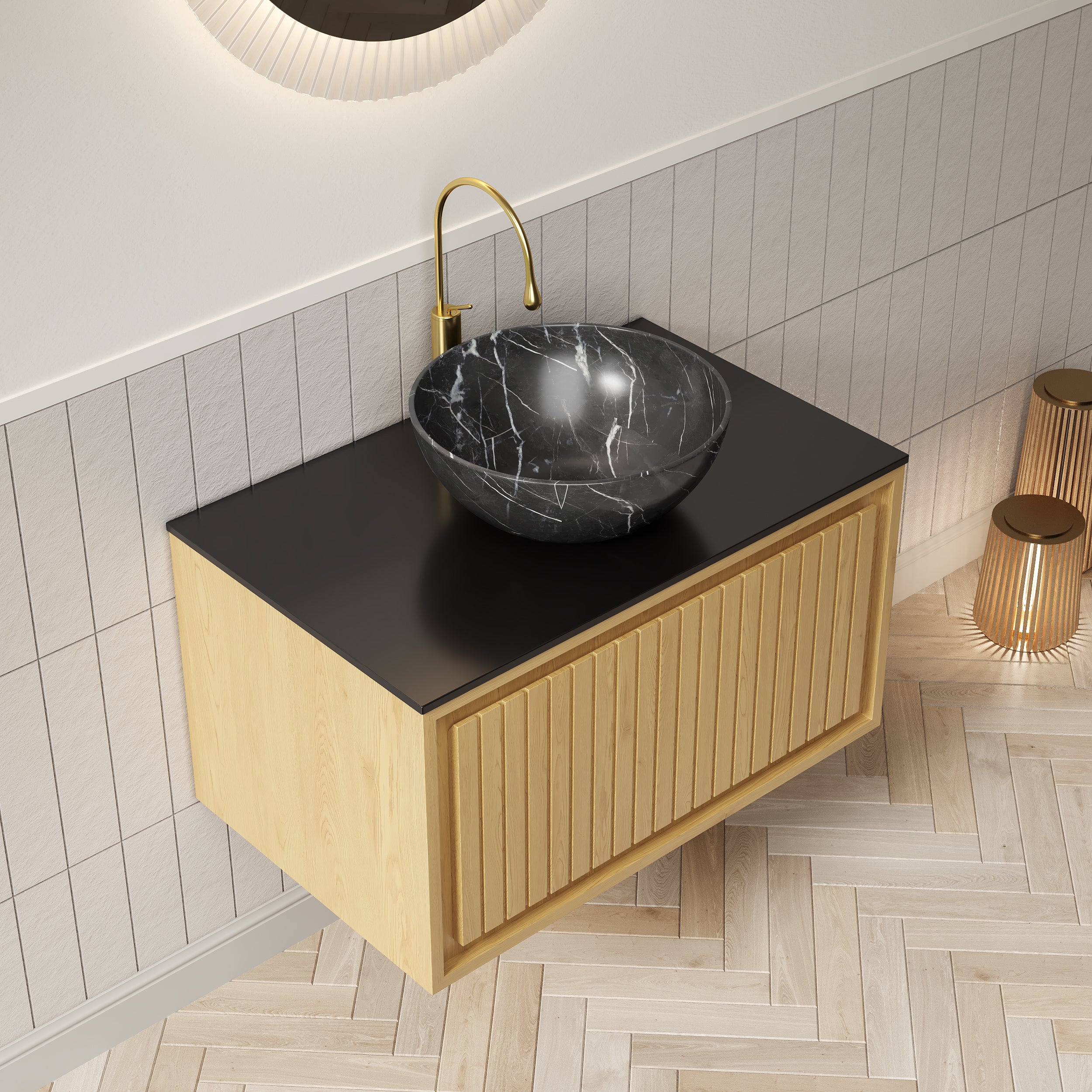 KOLAS Wall-Mounted Sink & Cabinet with Drawer, 61cm - Black Ceramic & Oak Wood Grain