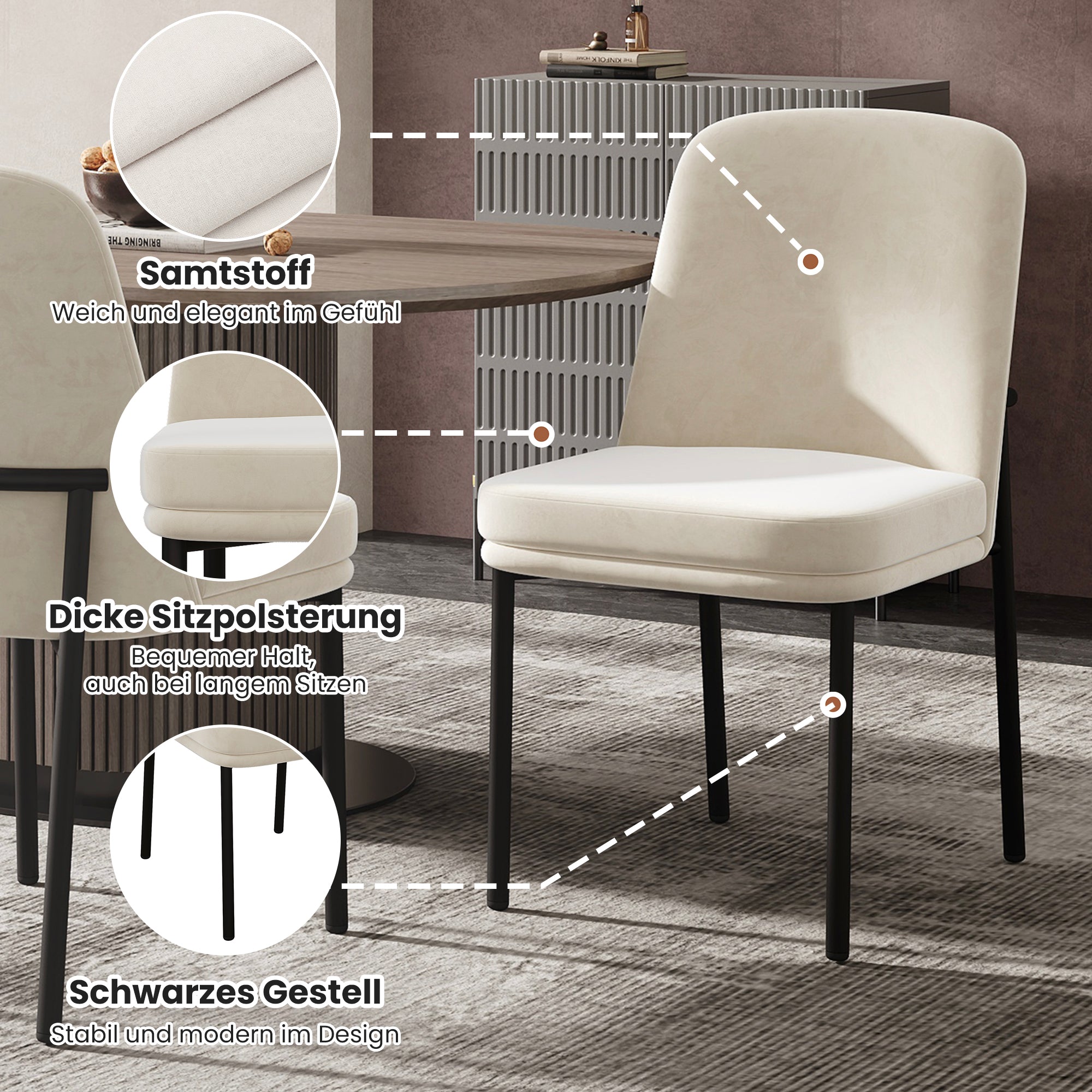 Dining Chairs, Set of 6, Thickened Cushions, Metal Legs, Modern Minimalist, Beige Velvet